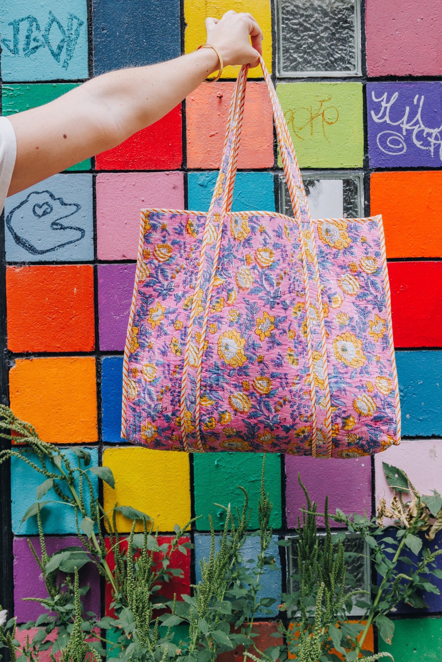 Pink Yellow Floral Print Quilted Cotton Tote Bag