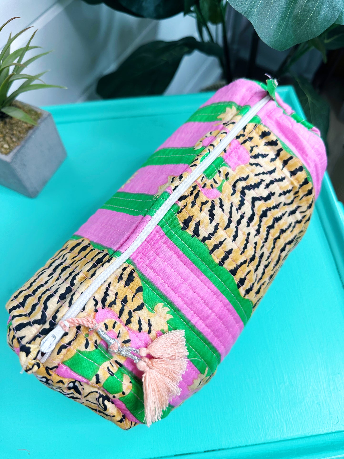 Green Pink Tiger Print Quilted Makeup Cosmetics Toiletry Bag