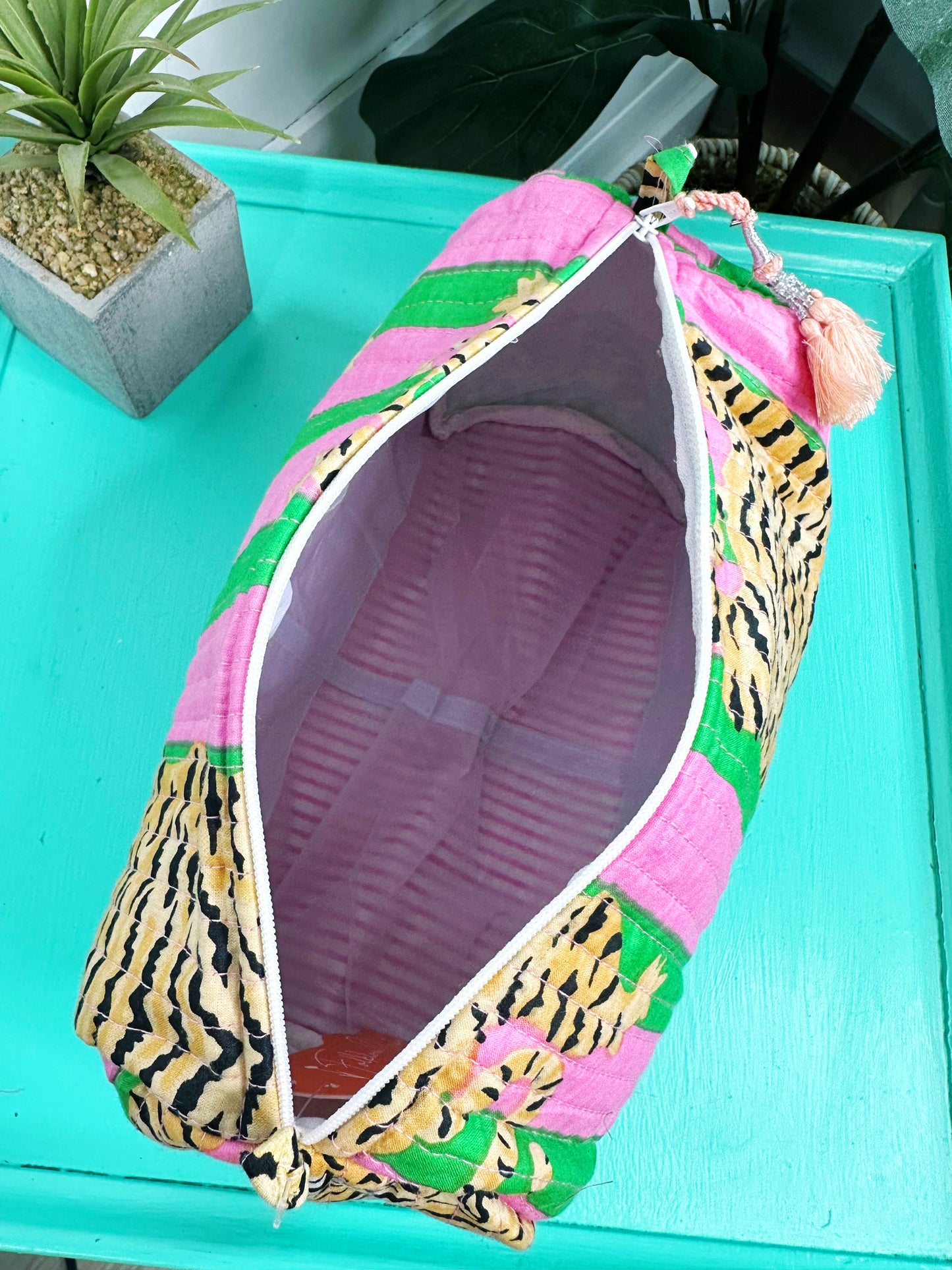 Green Pink Tiger Print Quilted Makeup Cosmetics Toiletry Bag