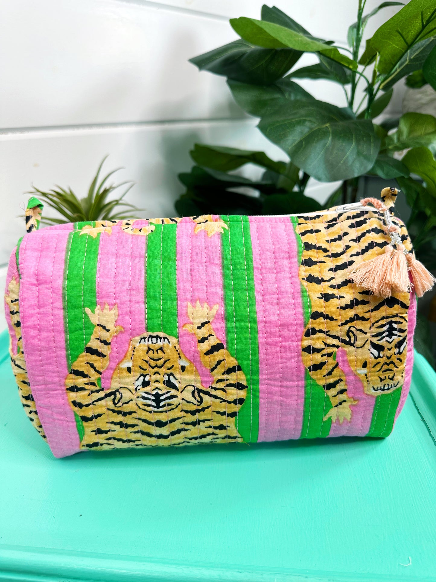 Green Pink Tiger Print Quilted Makeup Cosmetics Toiletry Bag