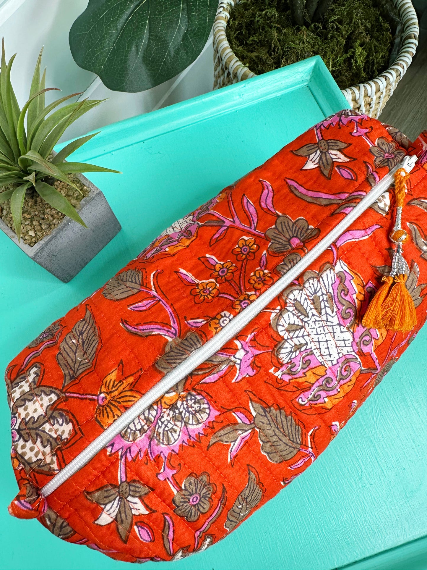 Orange Floral Quilted Makeup Cosmetics Toiletry Bag