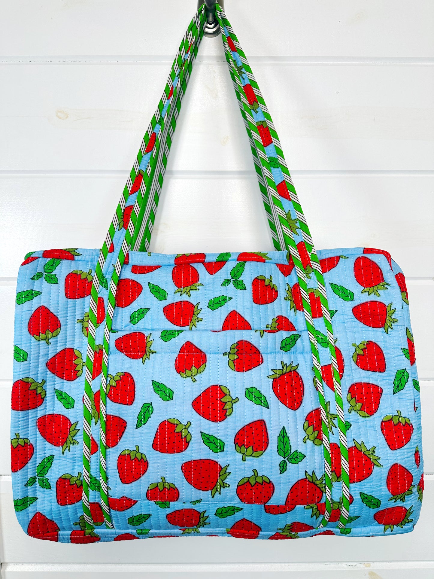 Blue and Red Strawberry Quilted Weekender Overnight Duffle Bag