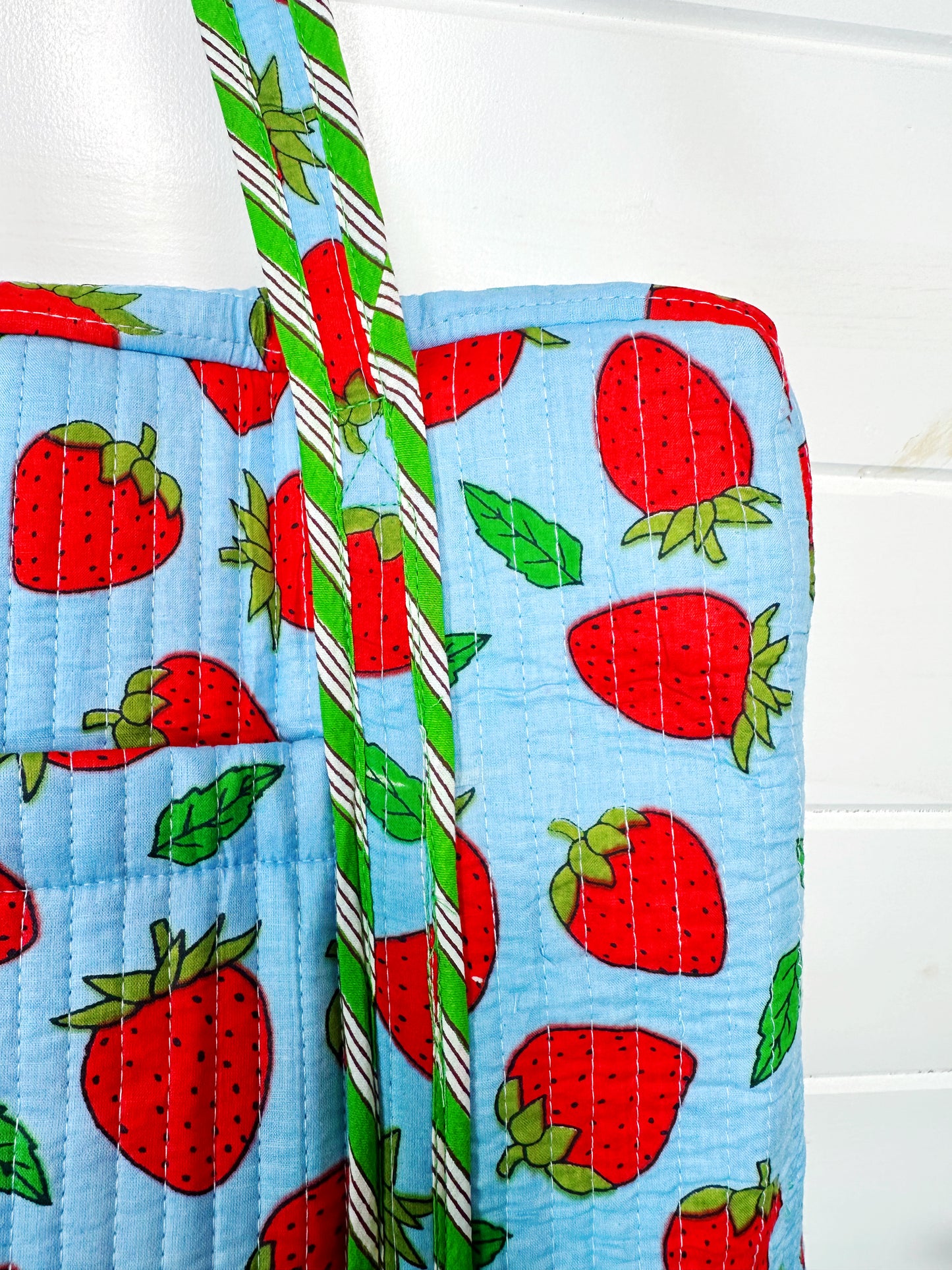 Blue and Red Strawberry Quilted Weekender Overnight Duffle Bag
