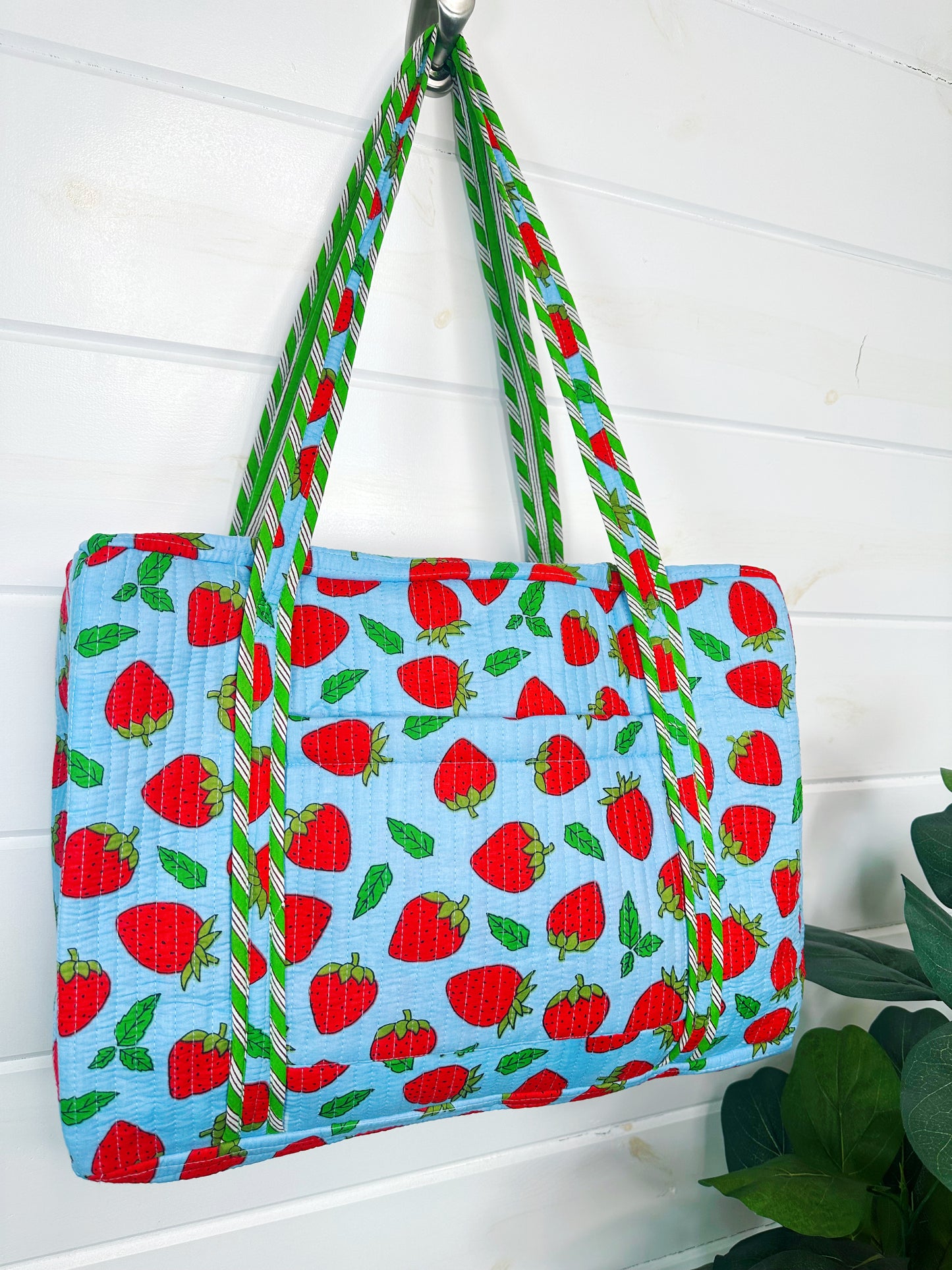 Blue and Red Strawberry Quilted Weekender Overnight Duffle Bag