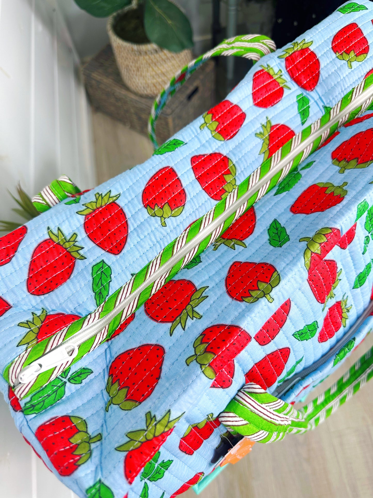 Blue and Red Strawberry Quilted Weekender Overnight Duffle Bag