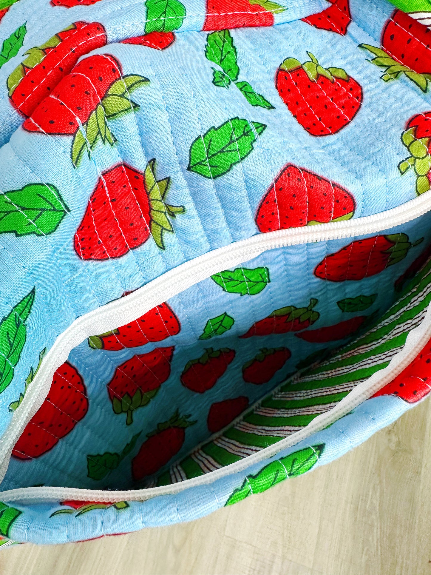 Blue and Red Strawberry Quilted Weekender Overnight Duffle Bag
