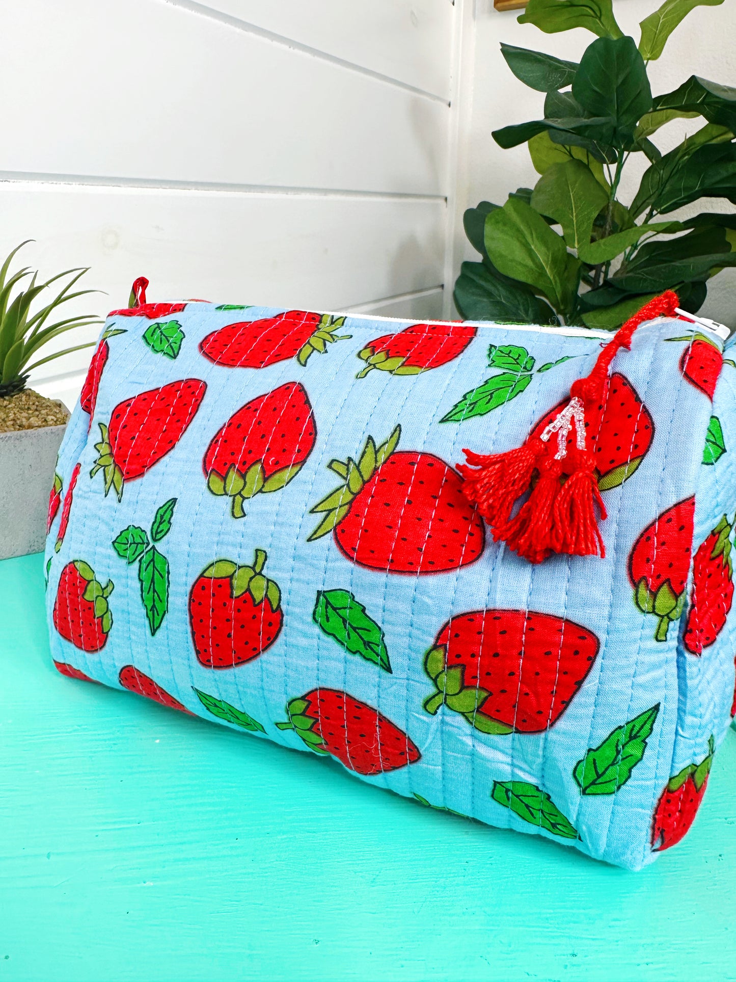 Blue and Red Strawberry Quilted Makeup Cosmetics Toiletry Bag