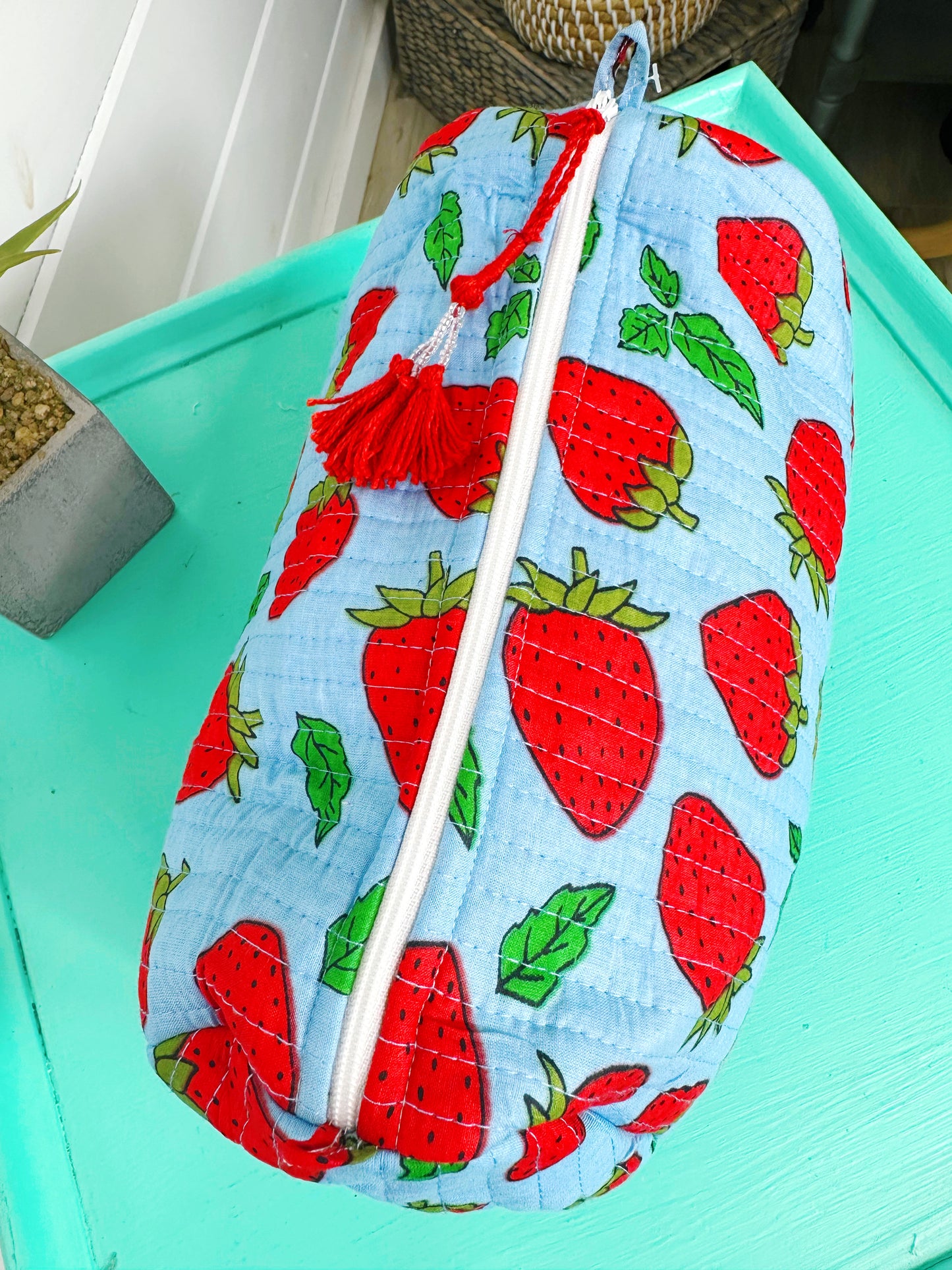 Blue and Red Strawberry Quilted Makeup Cosmetics Toiletry Bag