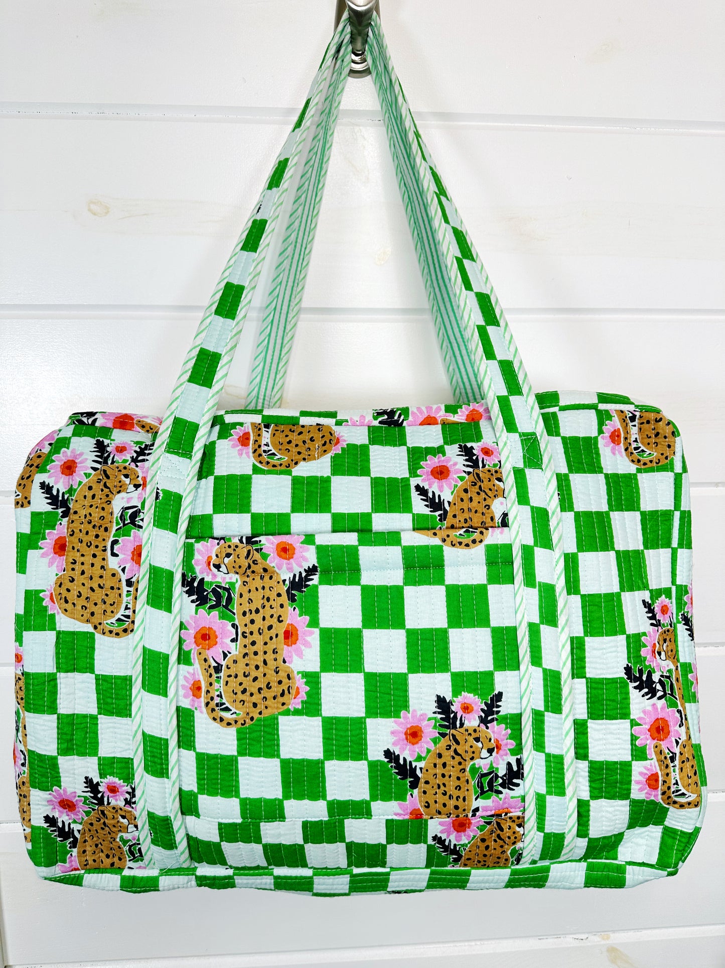 Green Checkered Jaguar Print Quilted Weekender Overnight Bag