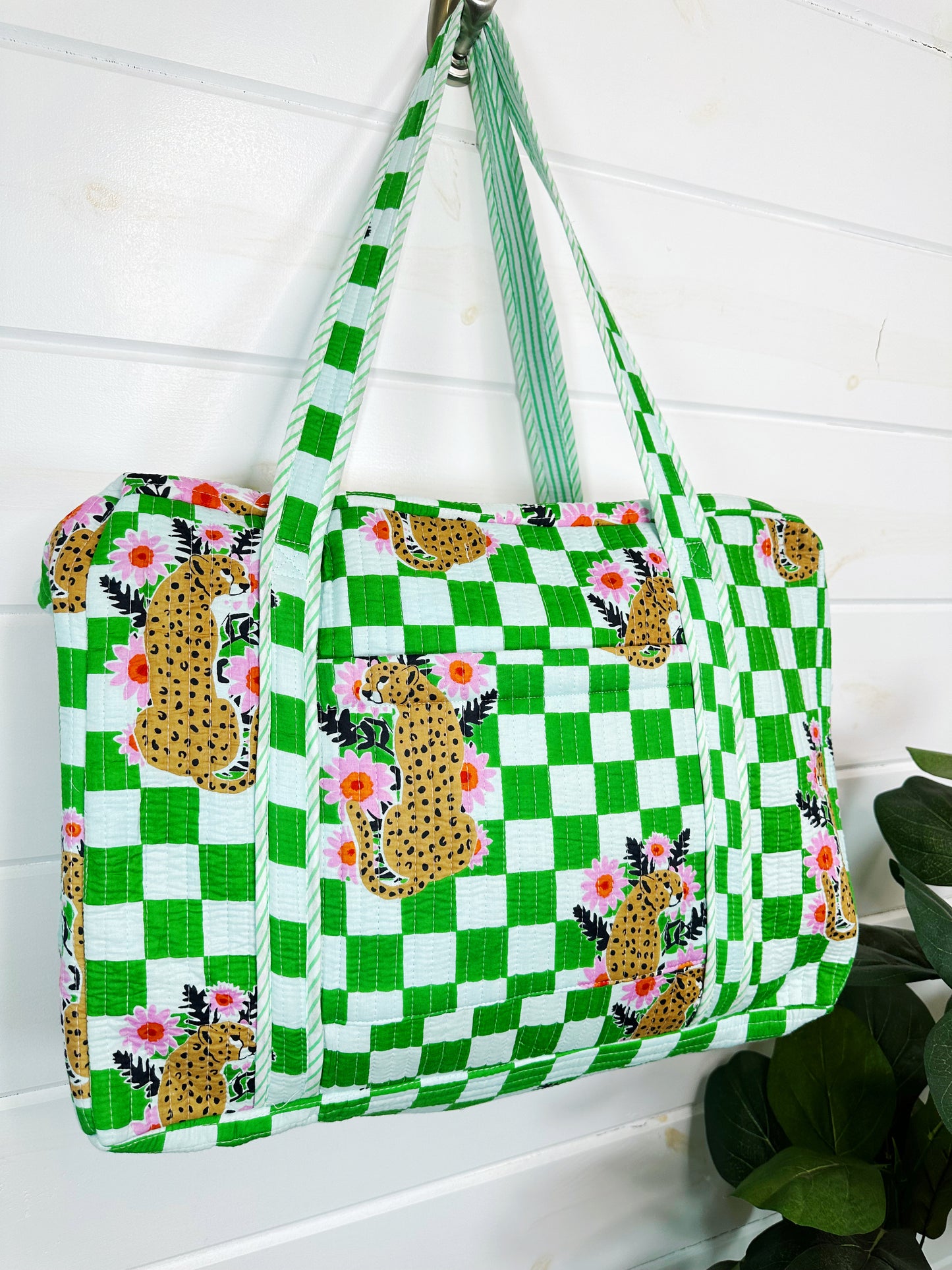 Green Checkered Jaguar Print Quilted Weekender Overnight Bag