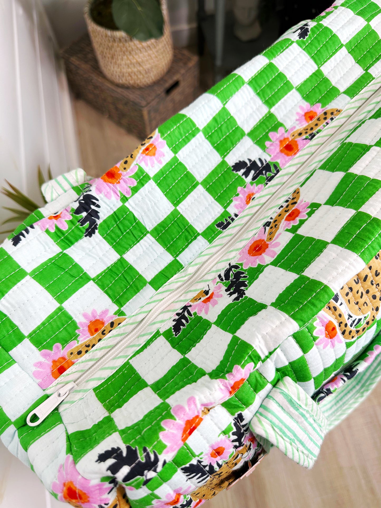 Green Checkered Jaguar Print Quilted Weekender Overnight Bag