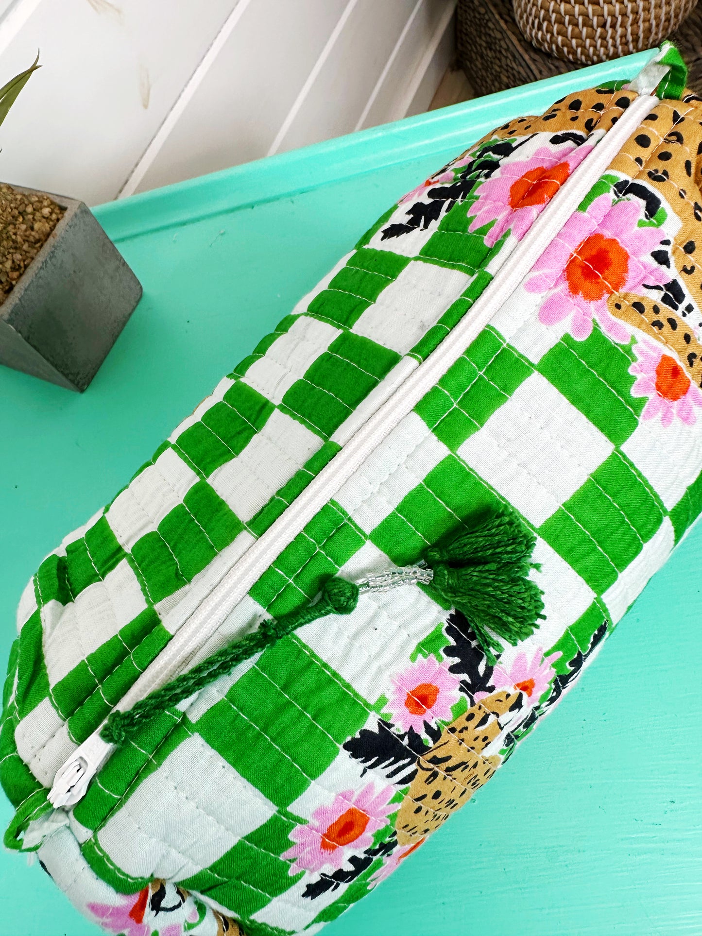 Green Checkered Jaguar Print Quilted Makeup Cosmetics Toiletry Bag