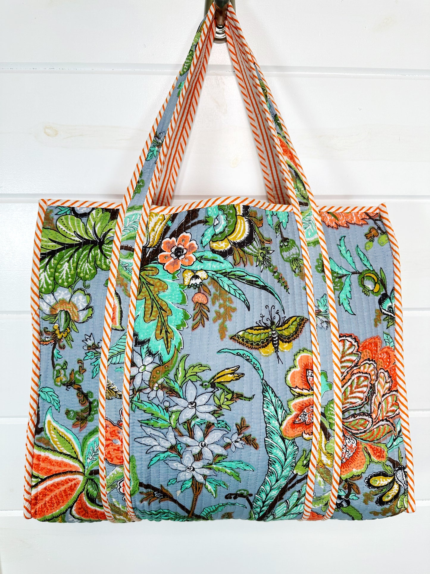 Blue Botanical Quilted Cotton Tote Bag