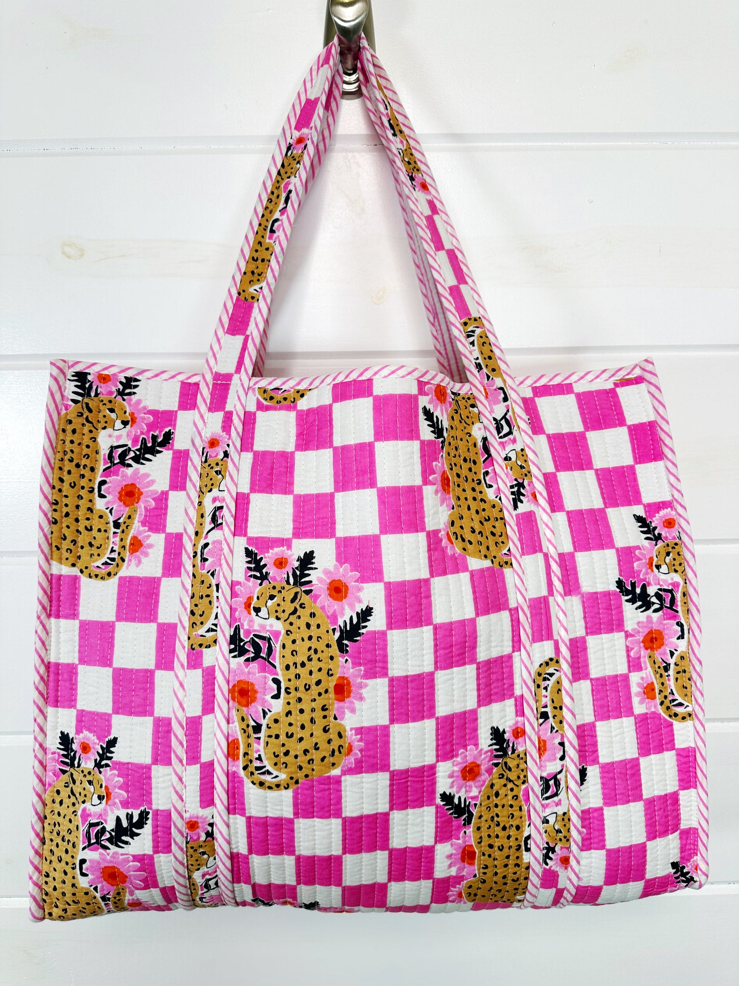 Pink Checkered Jaguar Print Quilted Cotton Tote Bag