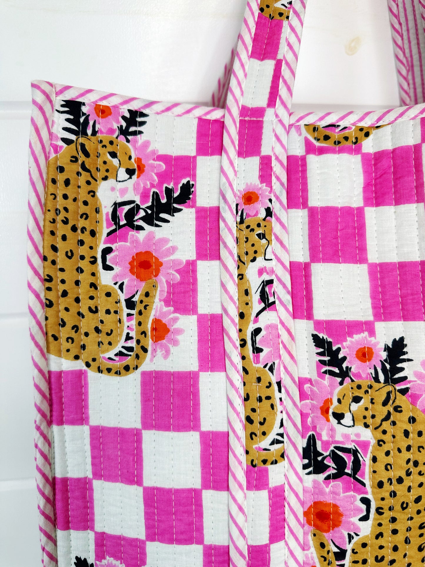 Pink Checkered Jaguar Print Quilted Cotton Tote Bag
