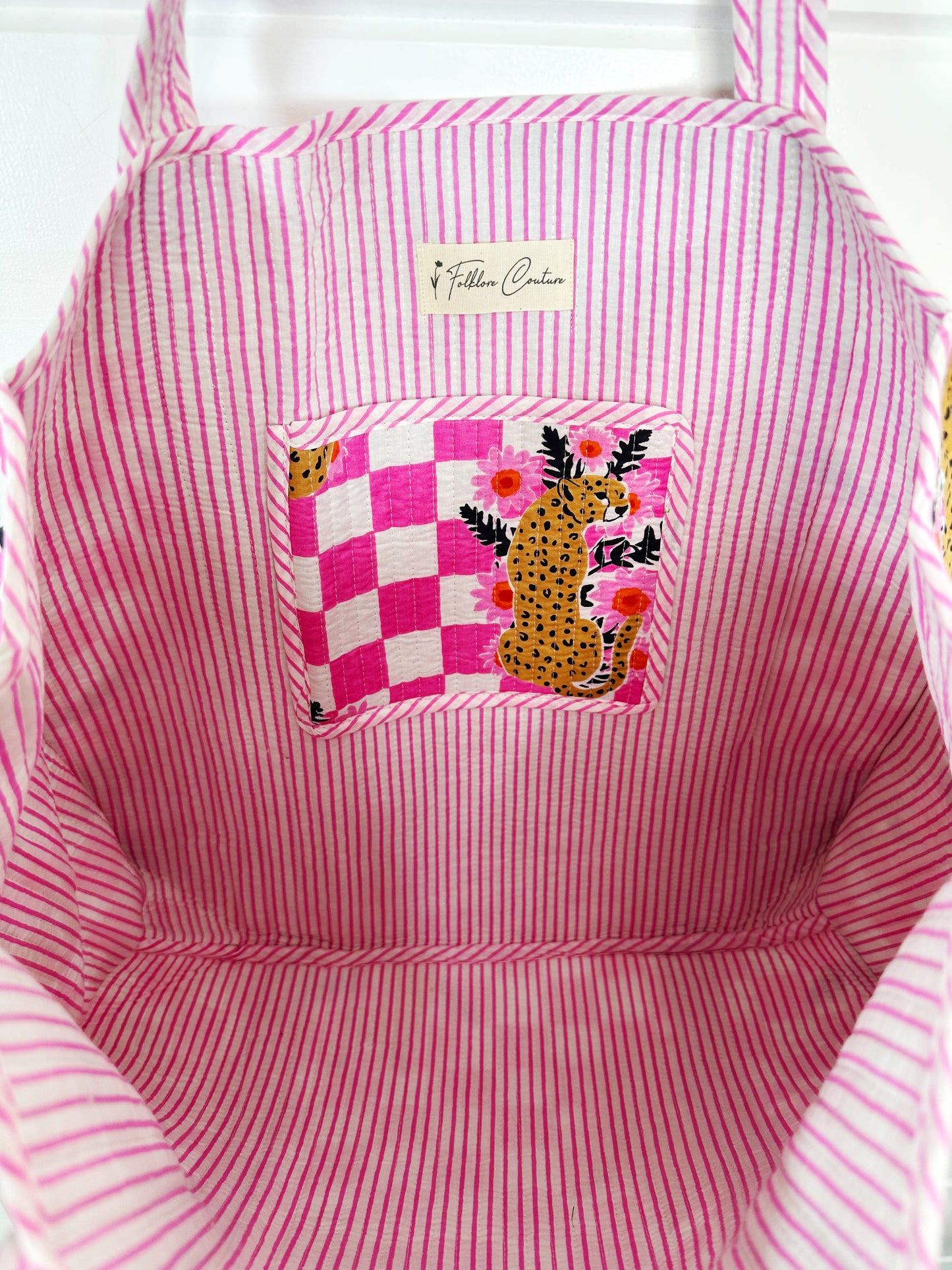 Pink Checkered Jaguar Print Quilted Cotton Tote Bag