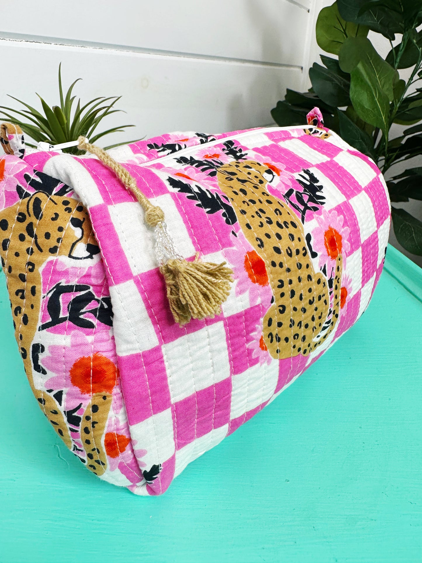 Pink Checkered Jaguar Print Quilted Makeup Cosmetics Toiletry Bag
