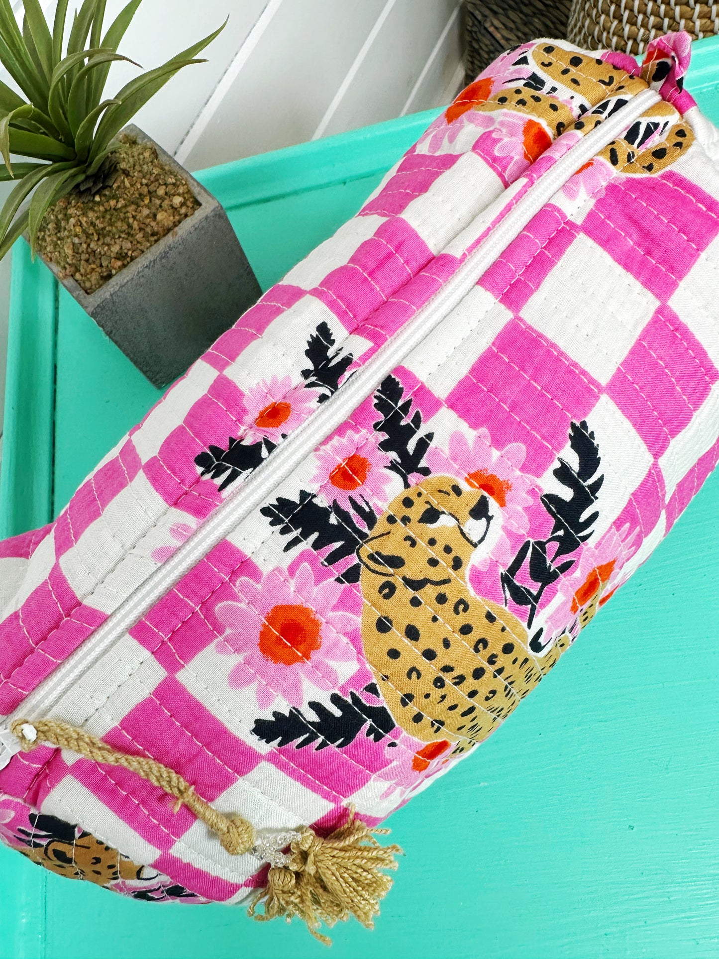 Pink Checkered Jaguar Print Quilted Makeup Cosmetics Toiletry Bag