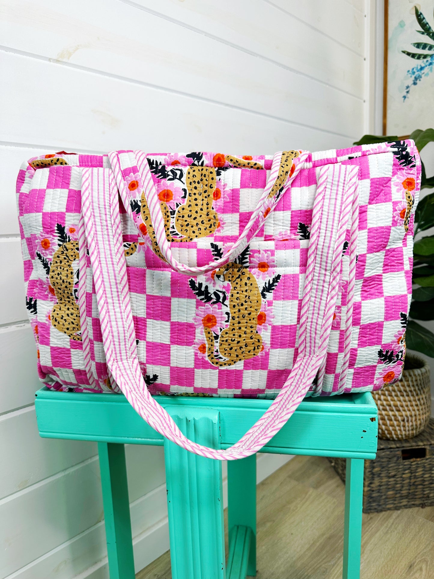 Pink Checkered Jaguar Print Quilted Weekender Overnight Bag