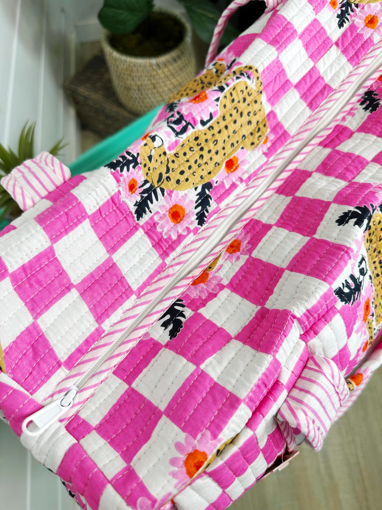 Pink Checkered Jaguar Print Quilted Weekender Overnight Bag