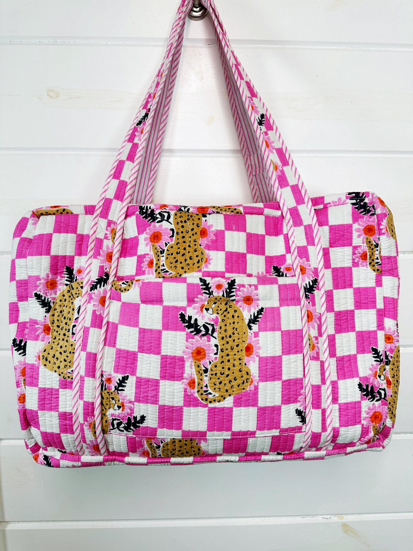 Pink Checkered Jaguar Print Quilted Weekender Overnight Bag
