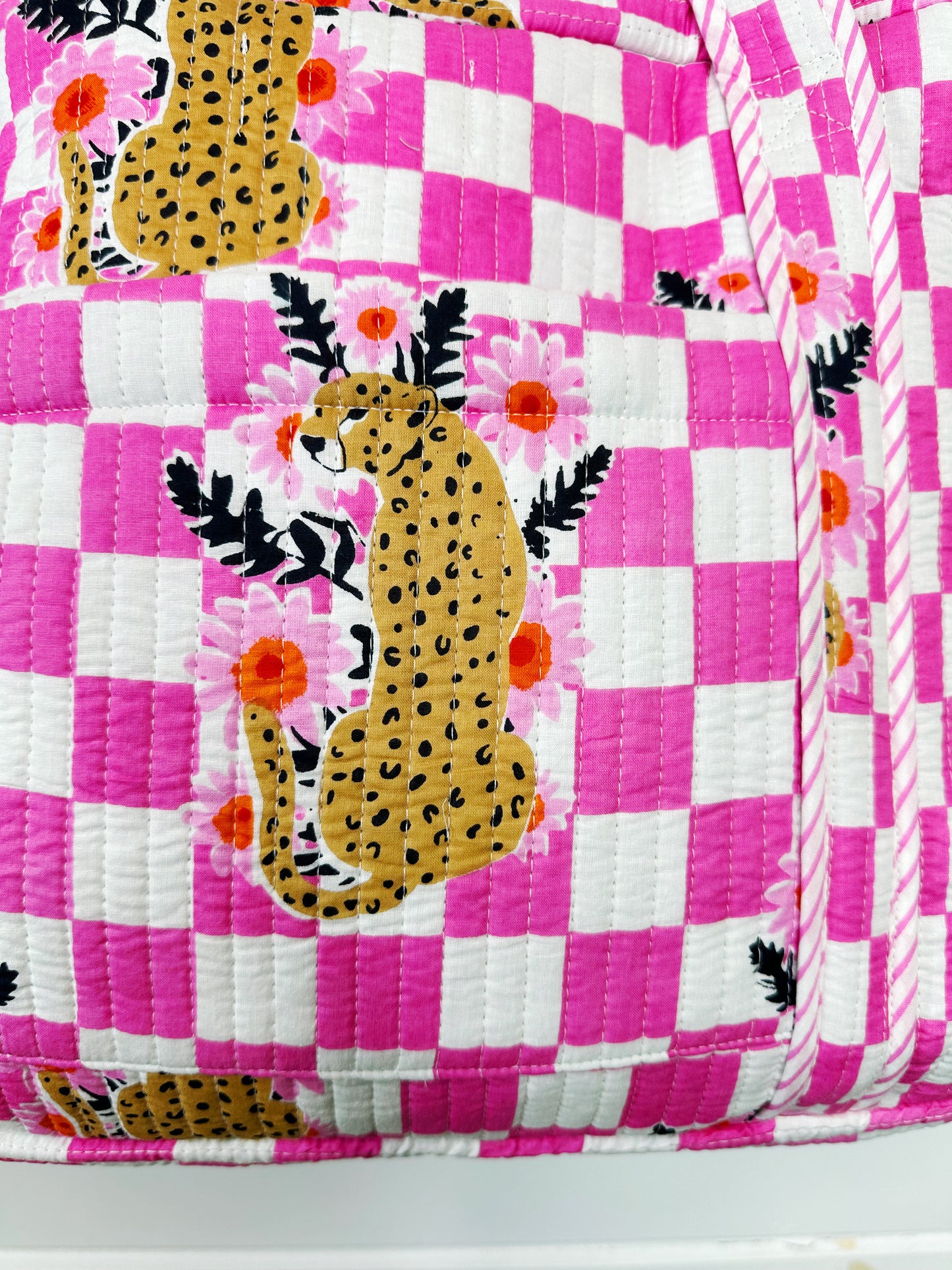 Pink Checkered Jaguar Print Quilted Weekender Overnight Bag