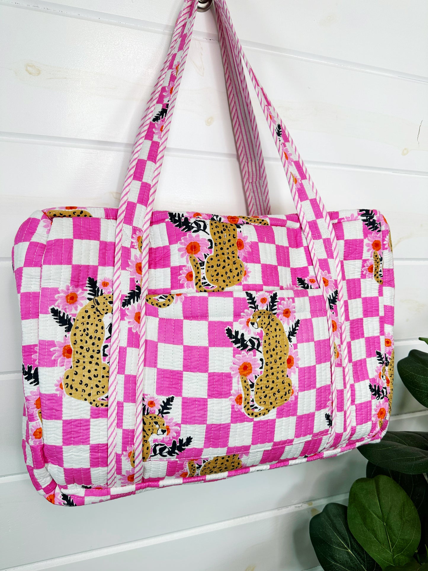 Pink Checkered Jaguar Print Quilted Weekender Overnight Bag