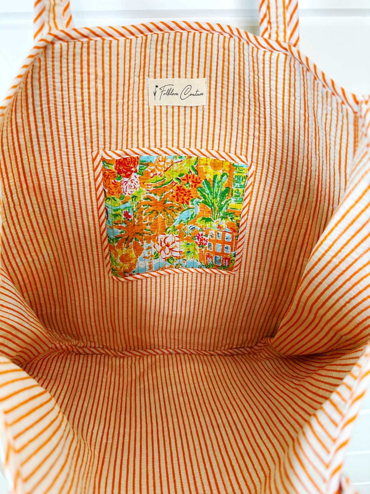 Orange Tropical Southern Town Print Quilted Cotton Reversible Large Tote Bag