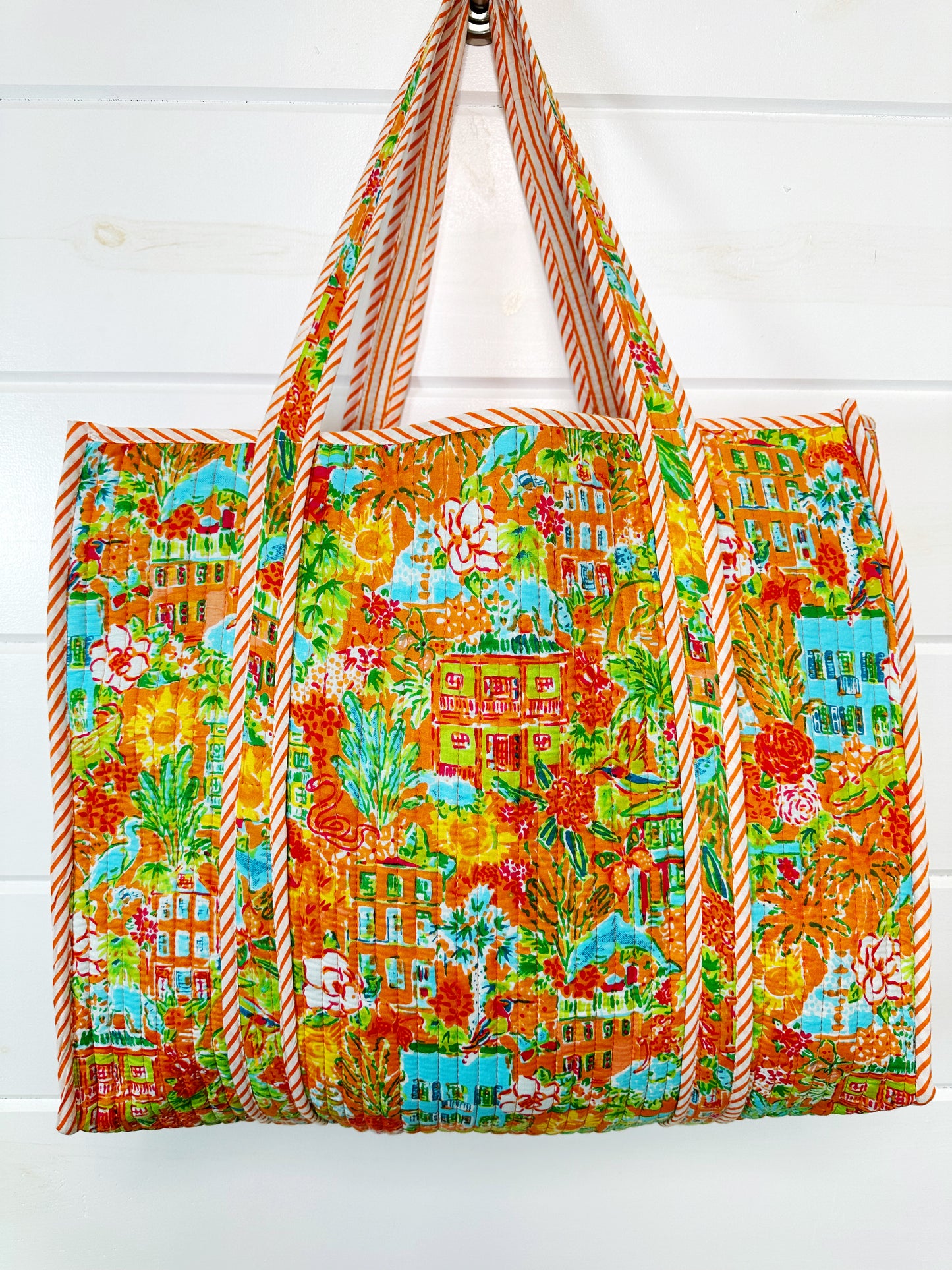 Orange Tropical Southern Town Print Quilted Cotton Reversible Large Tote Bag