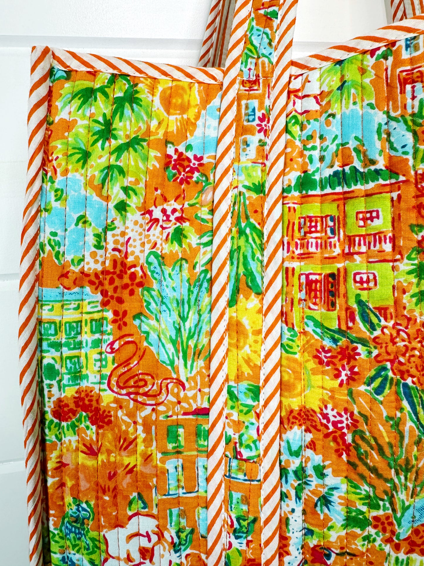Orange Tropical Southern Town Print Quilted Cotton Reversible Large Tote Bag