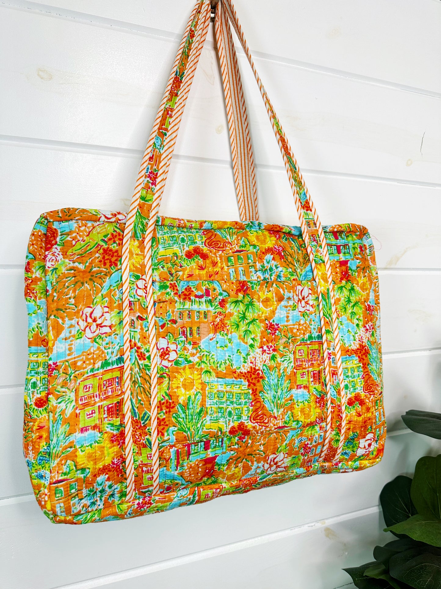 Orange Tropical Southern Town Print Quilted Weekender Overnight Bag