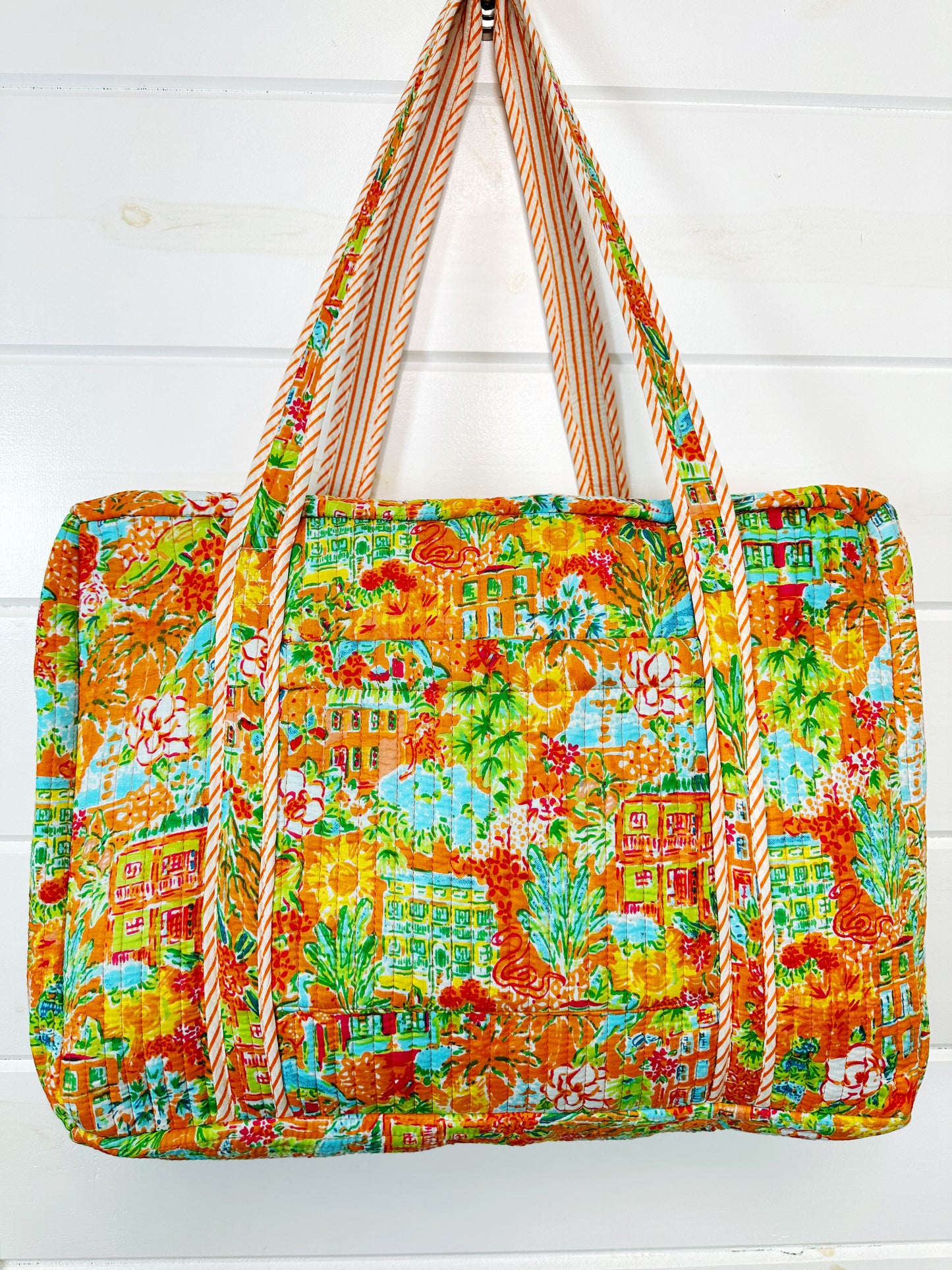 Orange Tropical Southern Town Print Quilted Weekender Overnight Bag