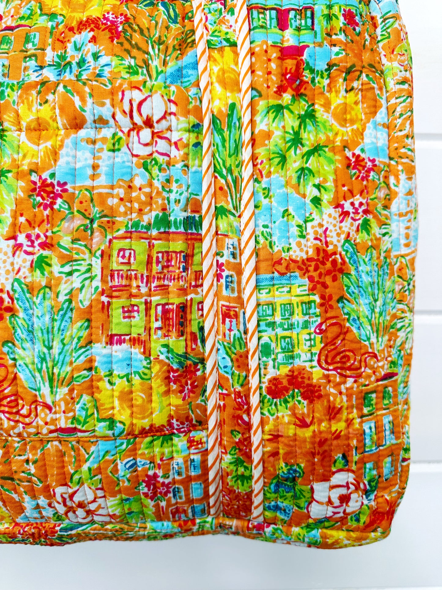 Orange Tropical Southern Town Print Quilted Weekender Overnight Bag