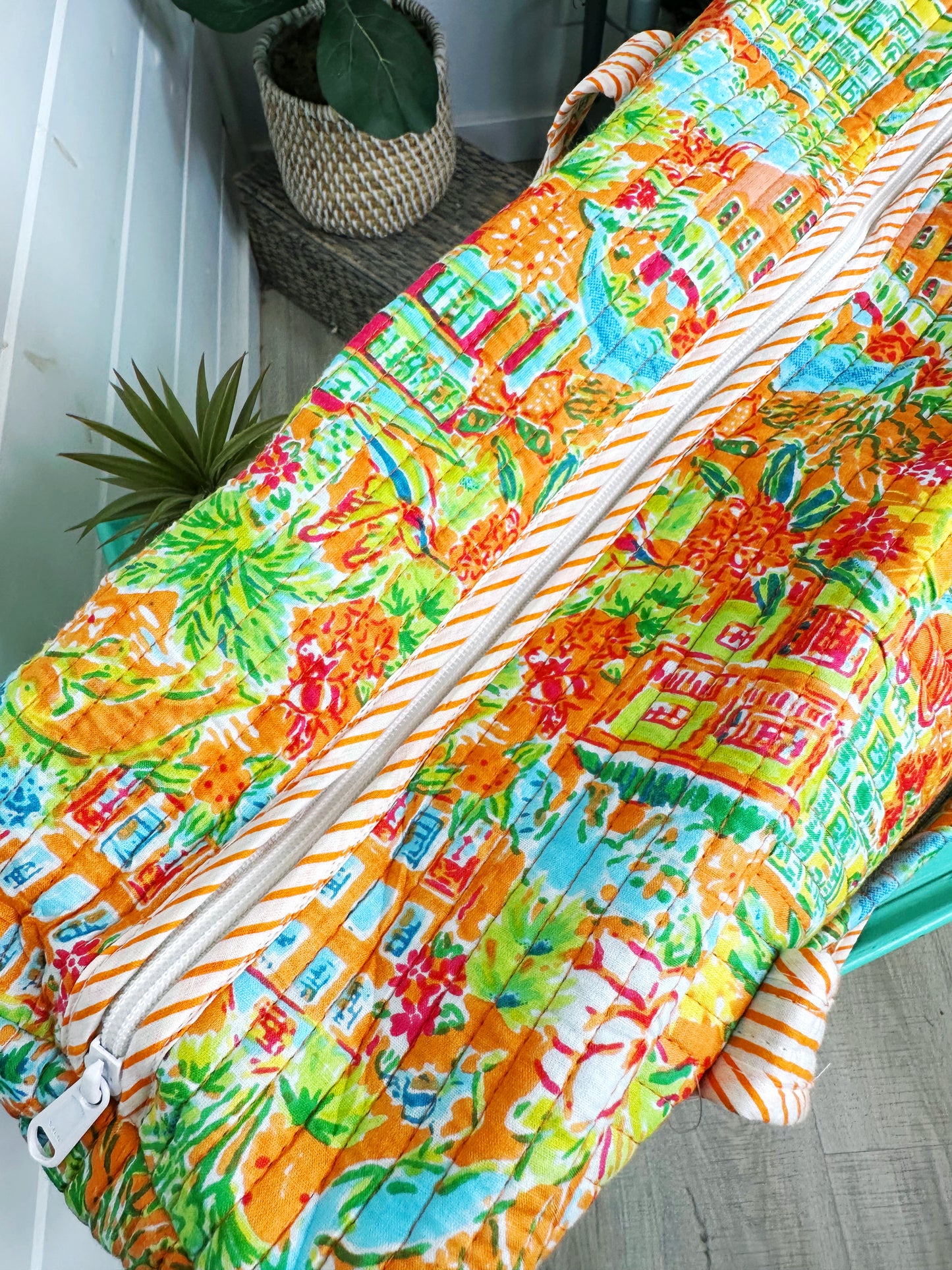Orange Tropical Southern Town Print Quilted Weekender Overnight Bag
