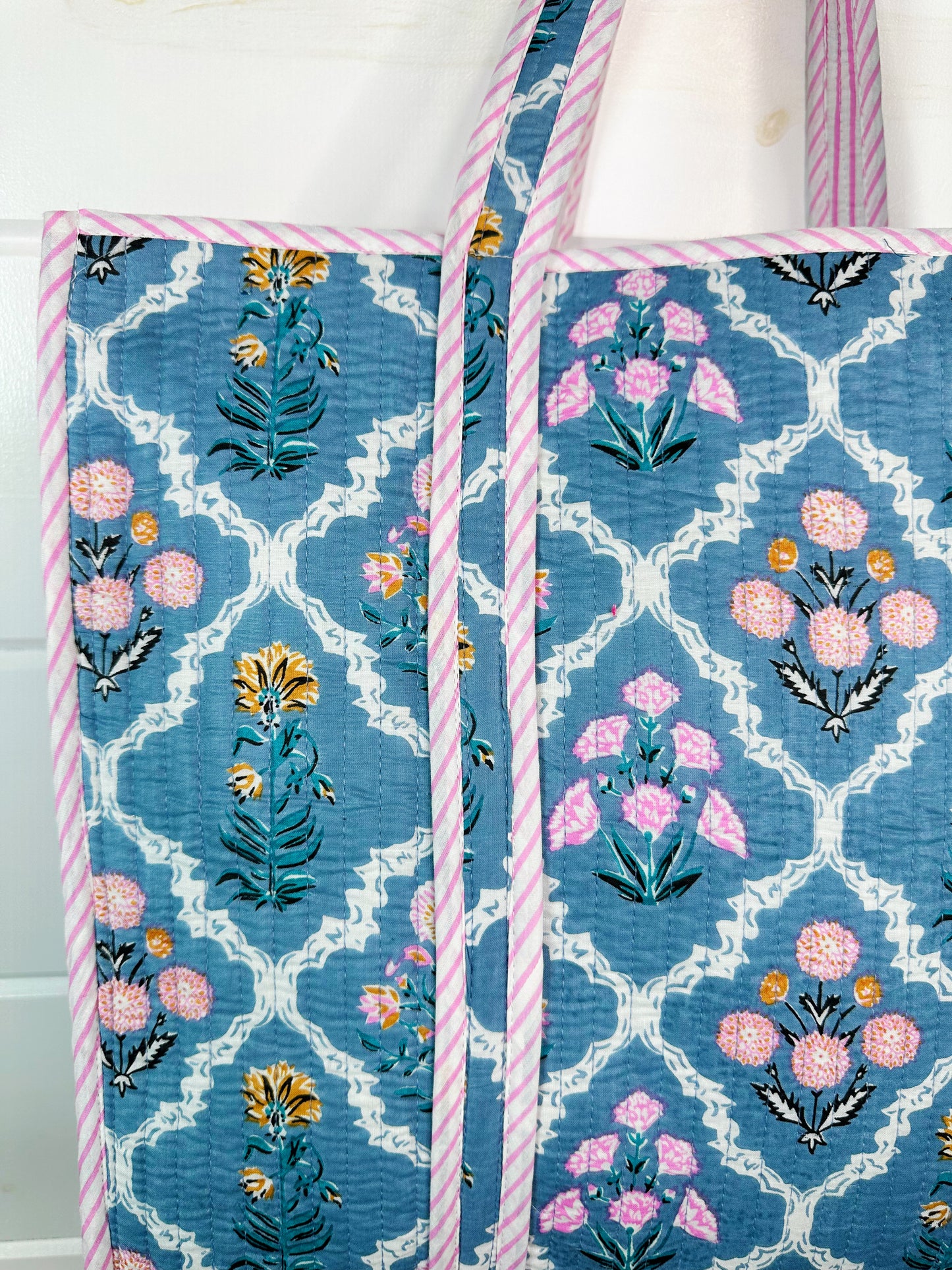 Blue Wildflowers Printed Quilted Cotton Reversible Large Tote Bag