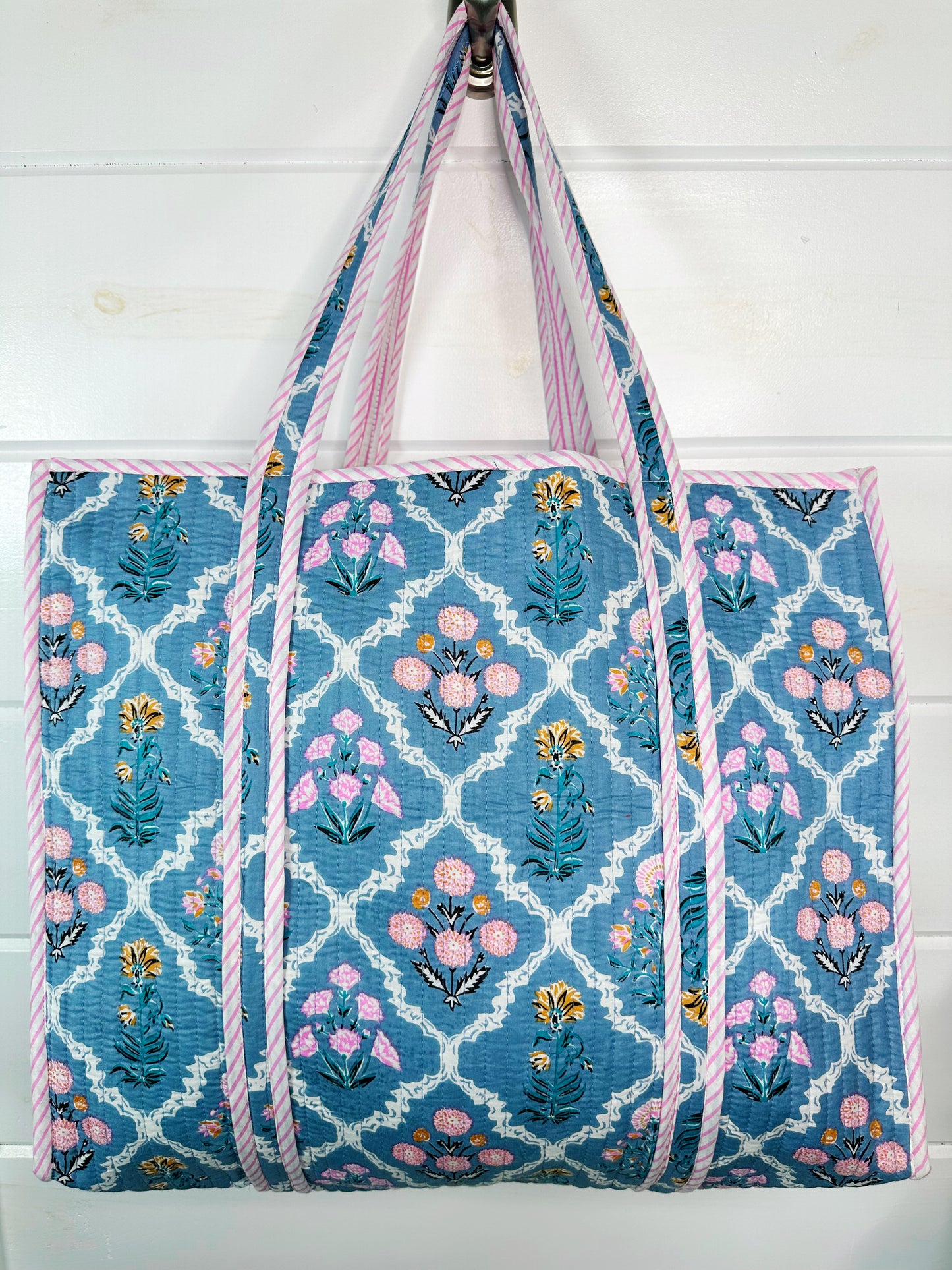 Blue Wildflowers Printed Quilted Cotton Reversible Large Tote Bag