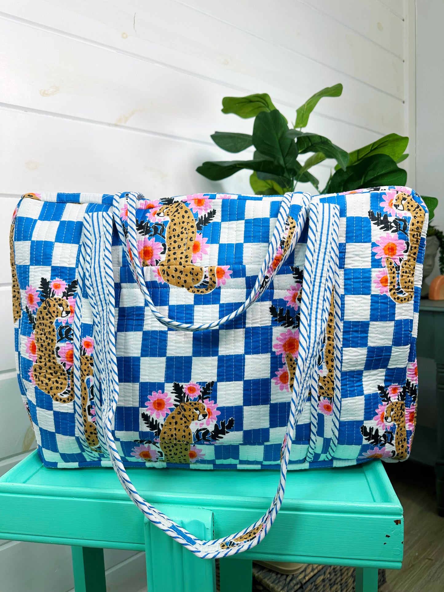 Blue Checkered Jaguar Print Quilted Weekender Overnight Bag