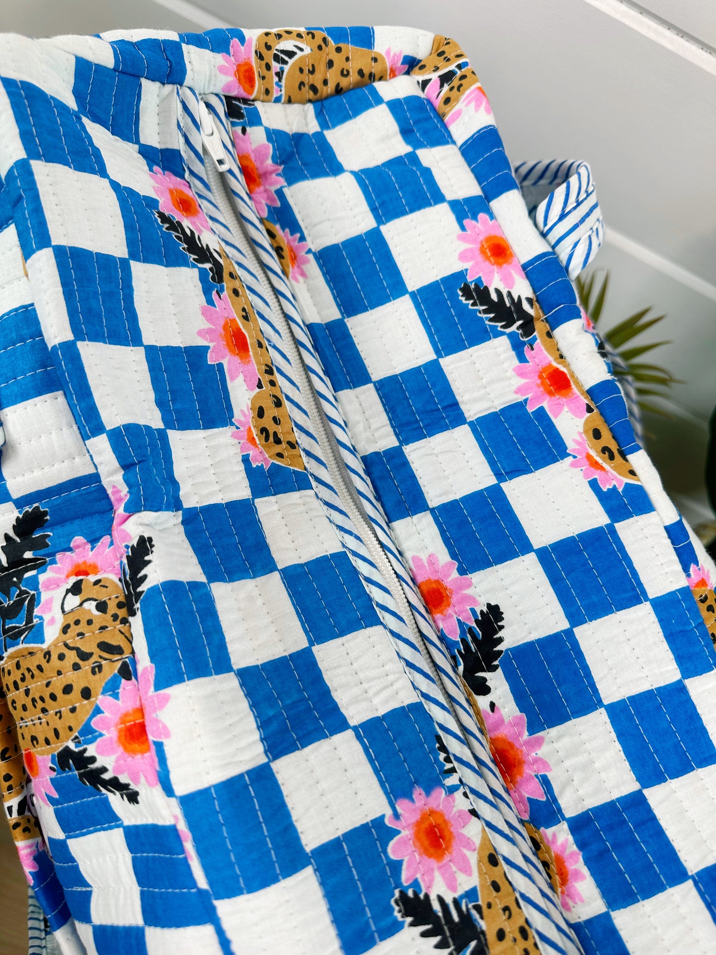 Blue Checkered Jaguar Print Quilted Weekender Overnight Bag