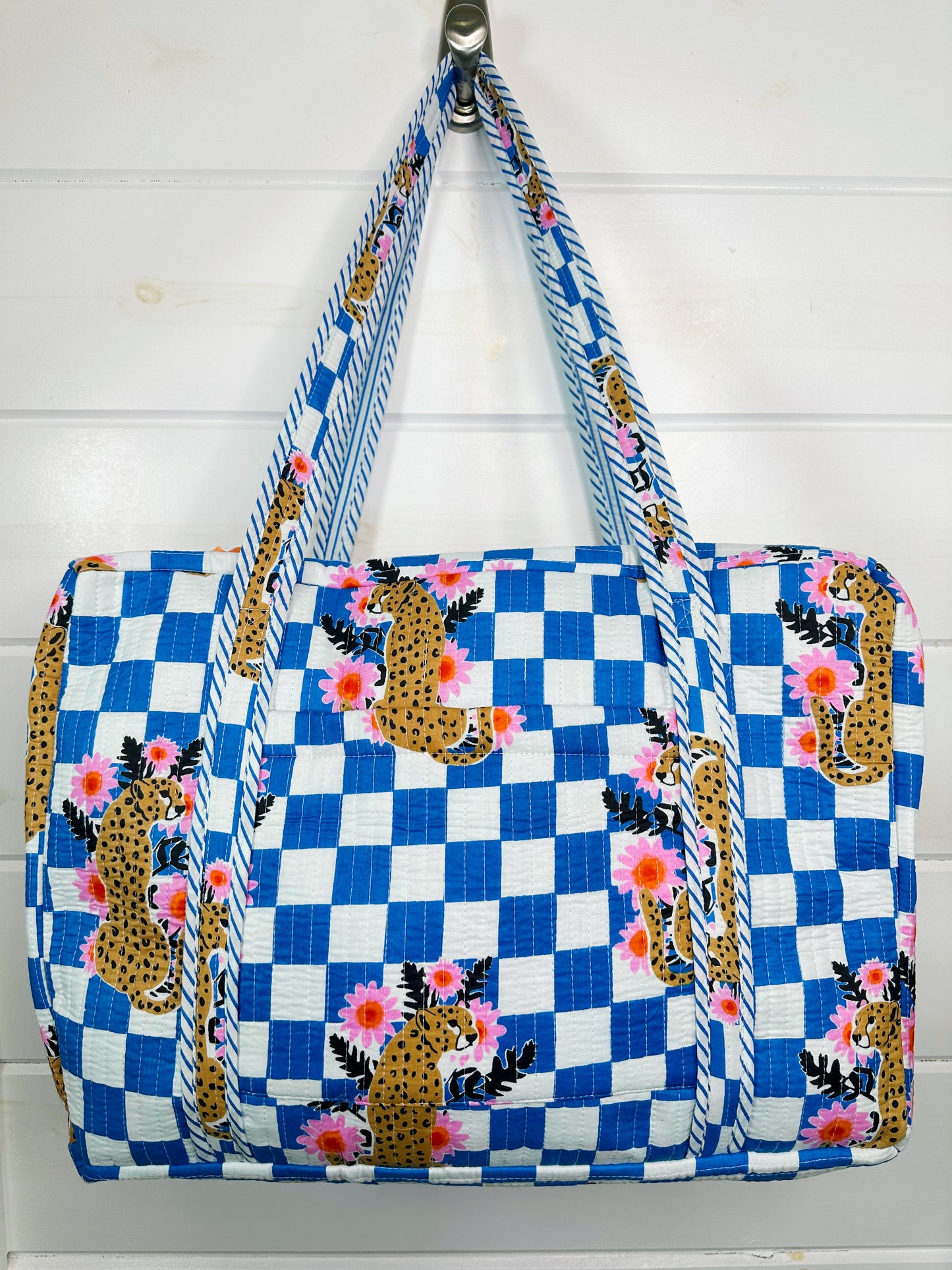 Blue Checkered Jaguar Print Quilted Weekender Overnight Bag