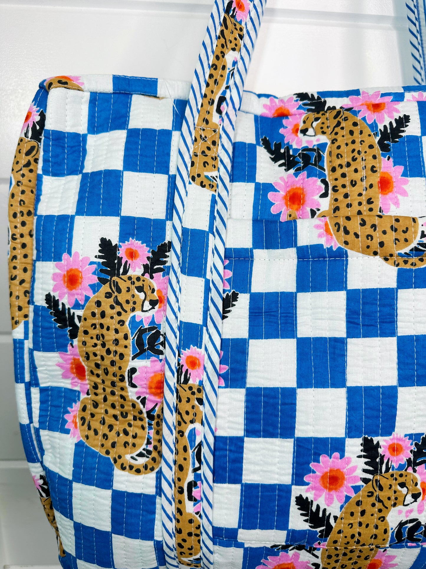 Blue Checkered Jaguar Print Quilted Weekender Overnight Bag