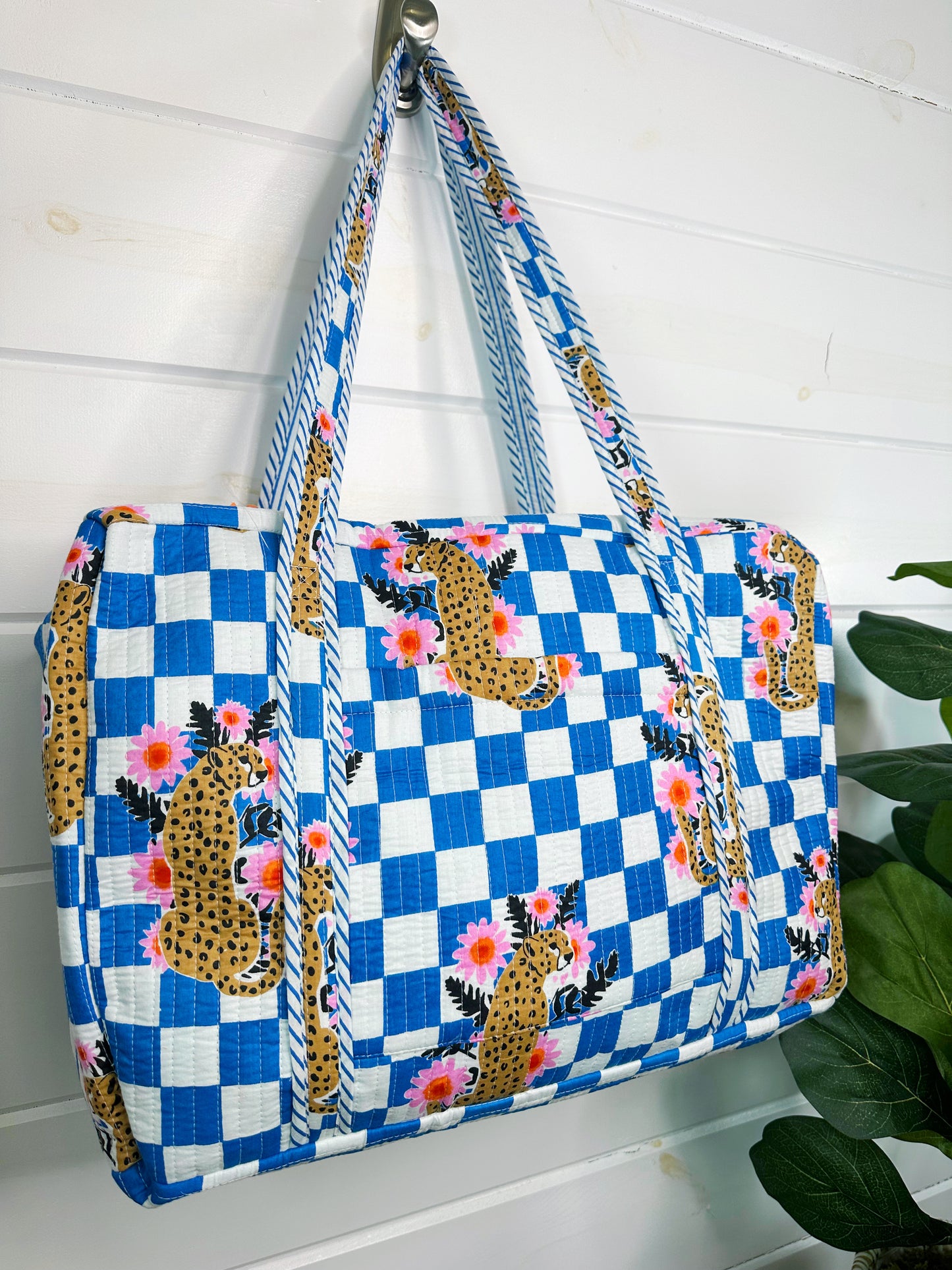 Blue Checkered Jaguar Print Quilted Weekender Overnight Bag
