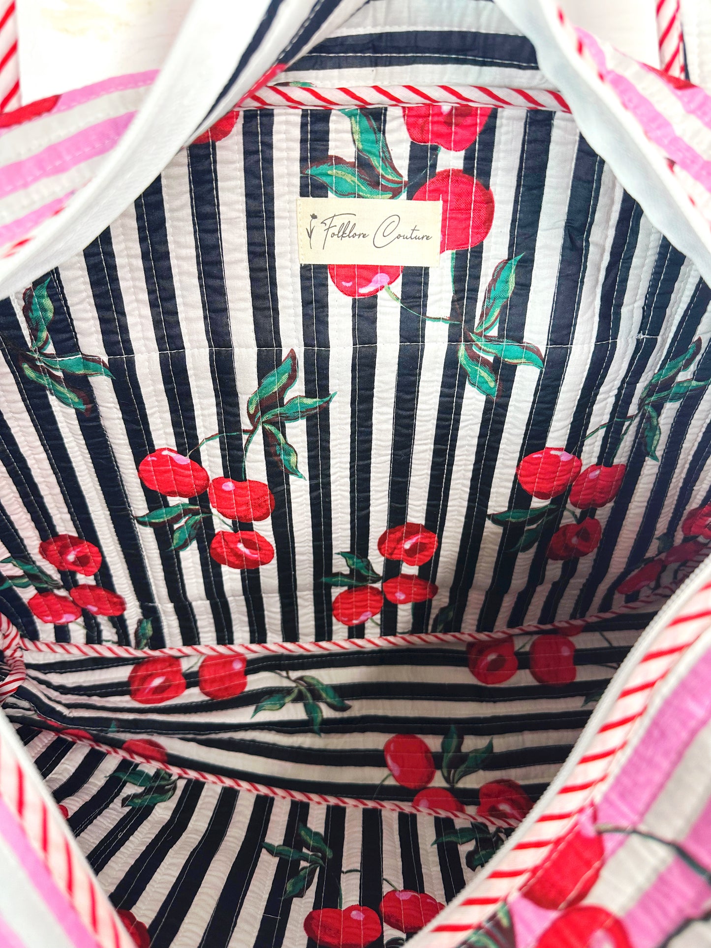 Pink Cherry Print Quilted Weekender Overnight Bag