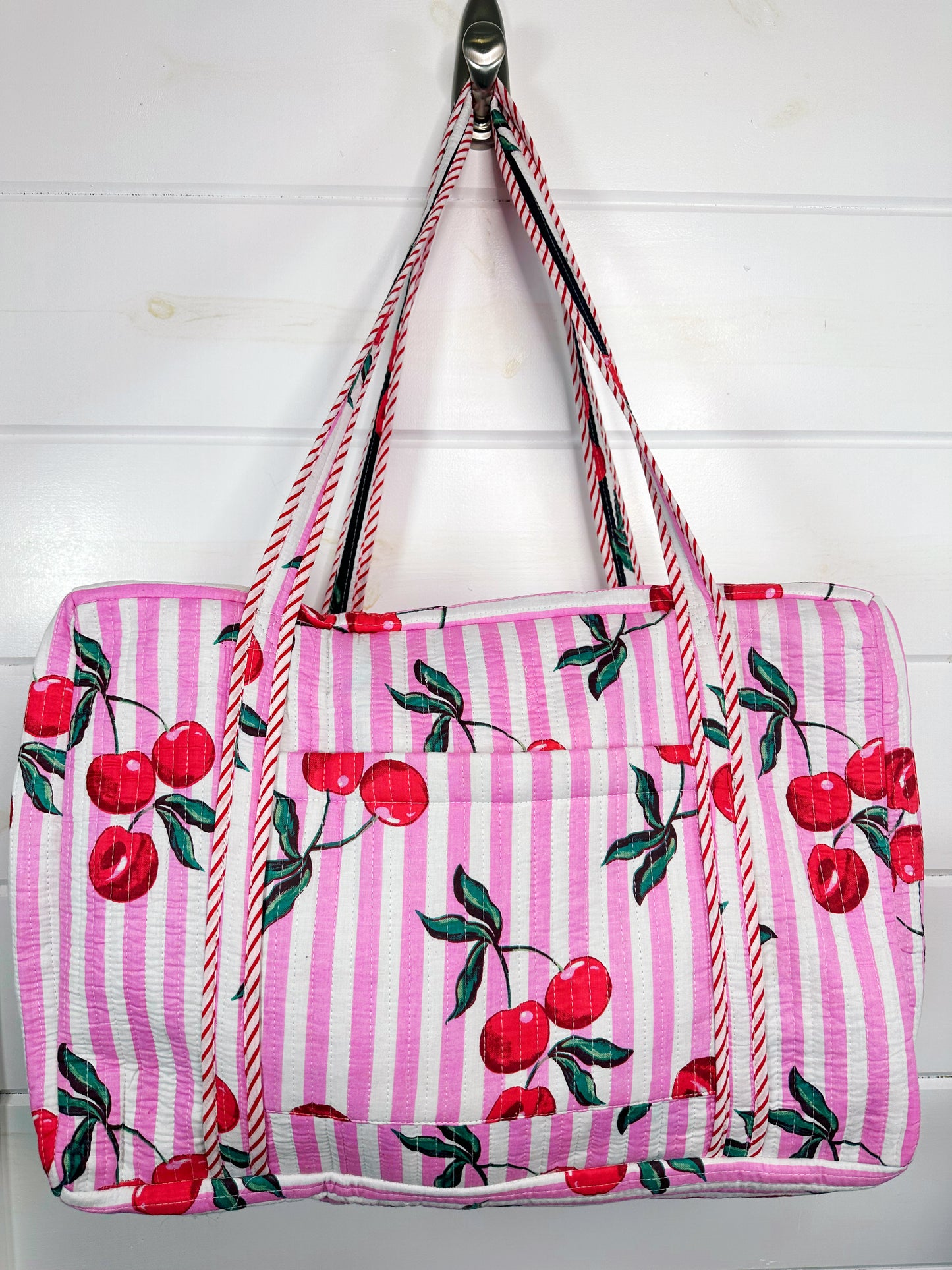 Pink Cherry Print Quilted Weekender Overnight Bag