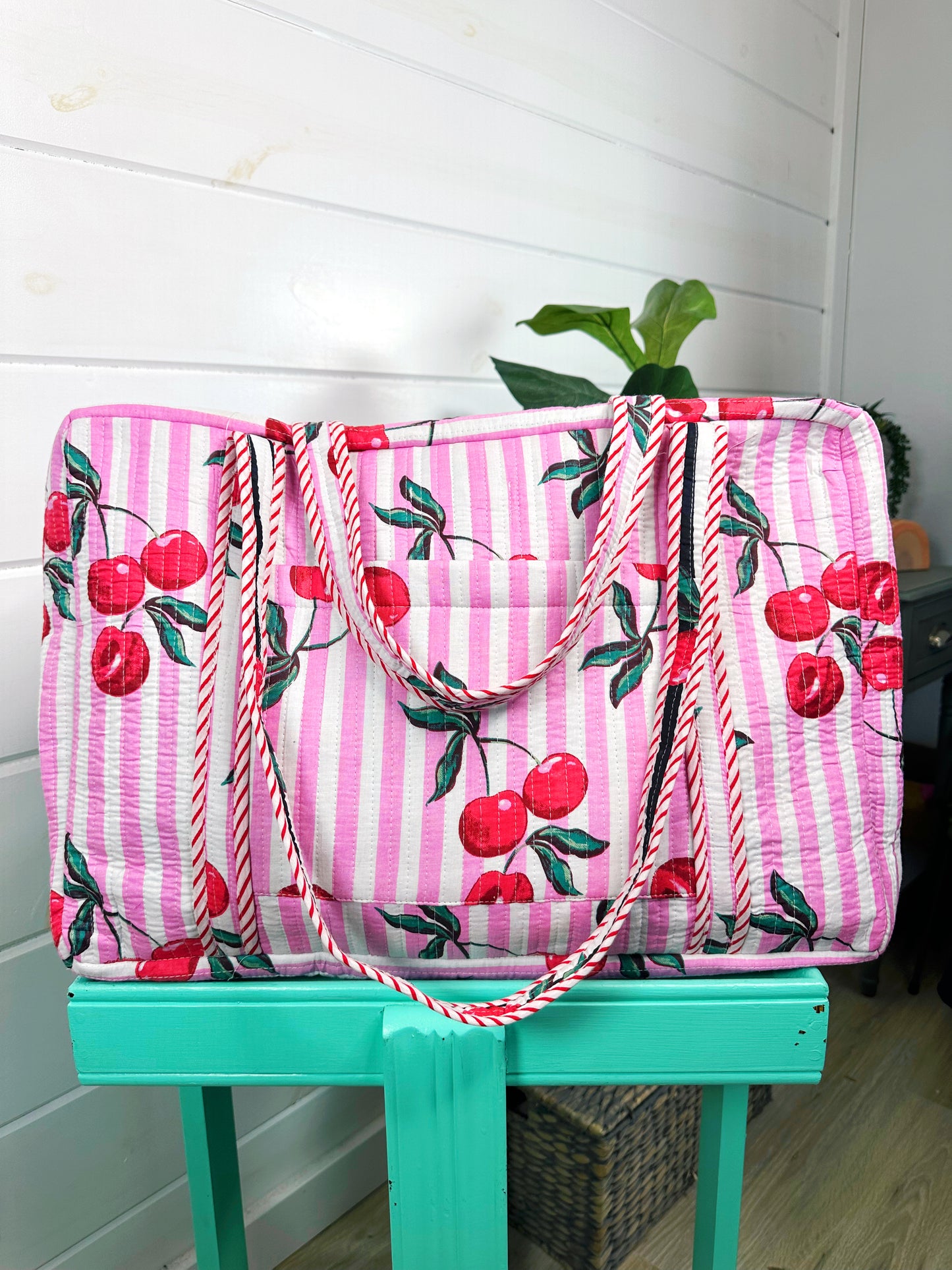 Pink Cherry Print Quilted Weekender Overnight Bag