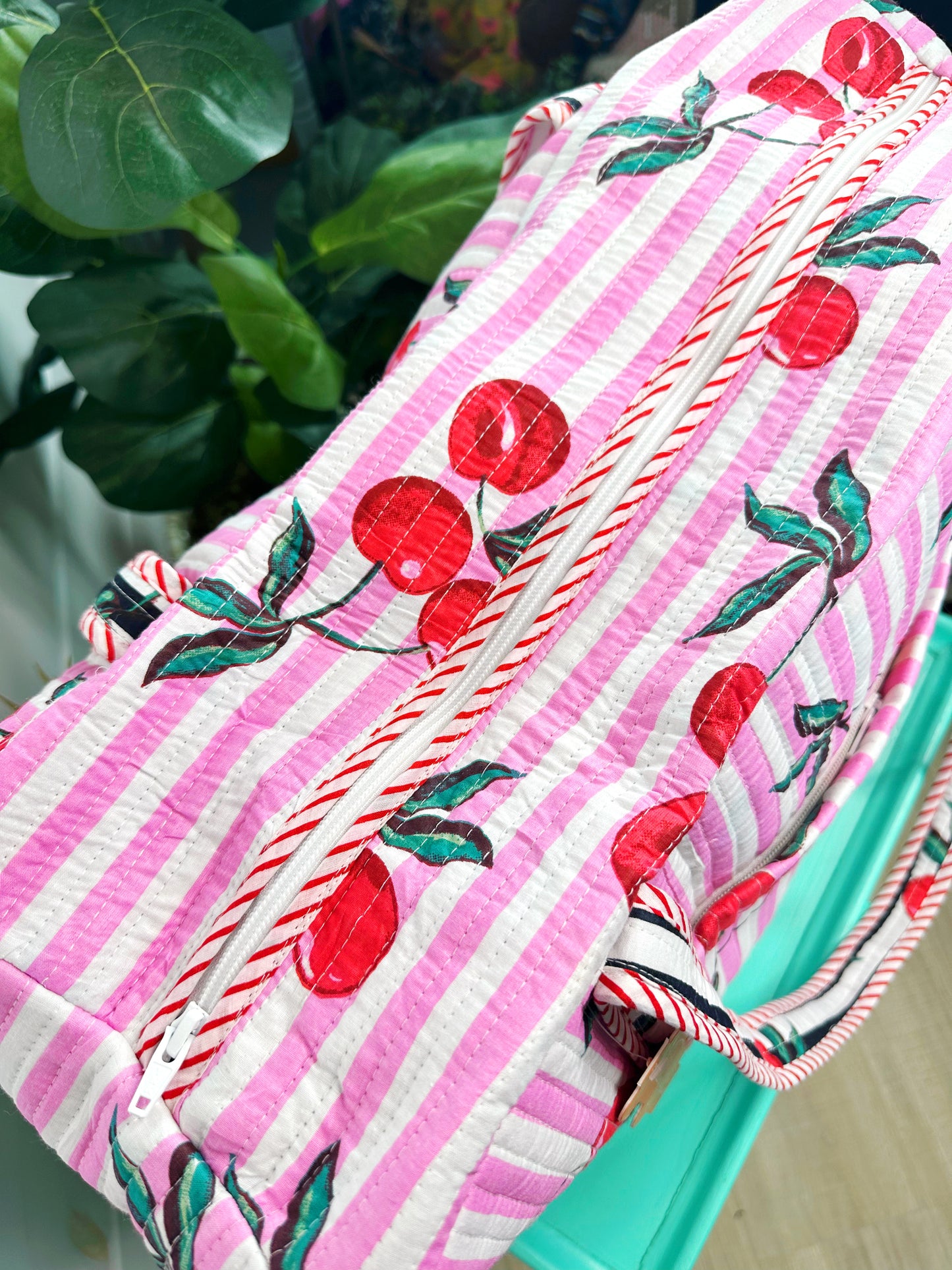 Pink Cherry Print Quilted Weekender Overnight Bag
