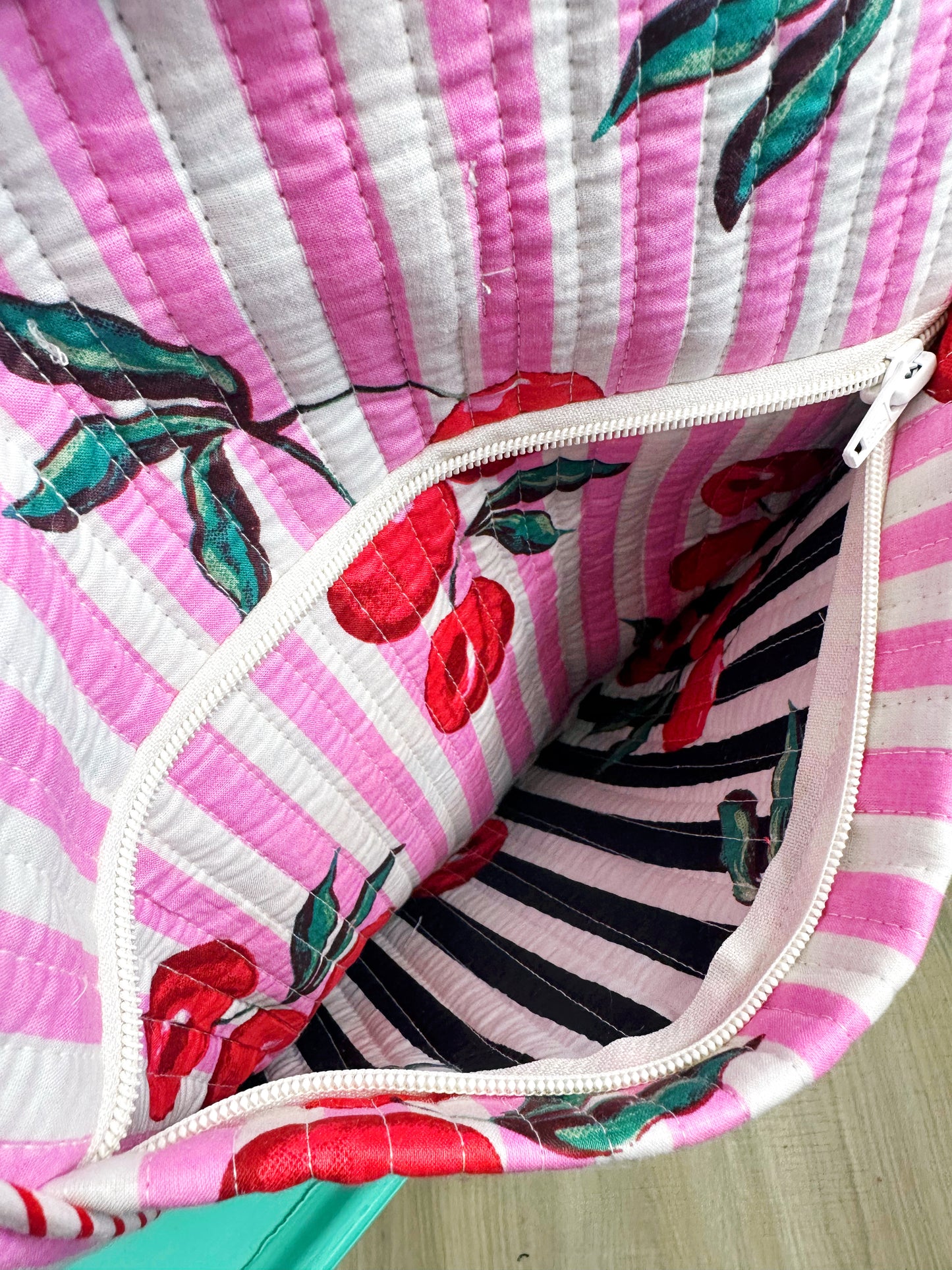 Pink Cherry Print Quilted Weekender Overnight Bag