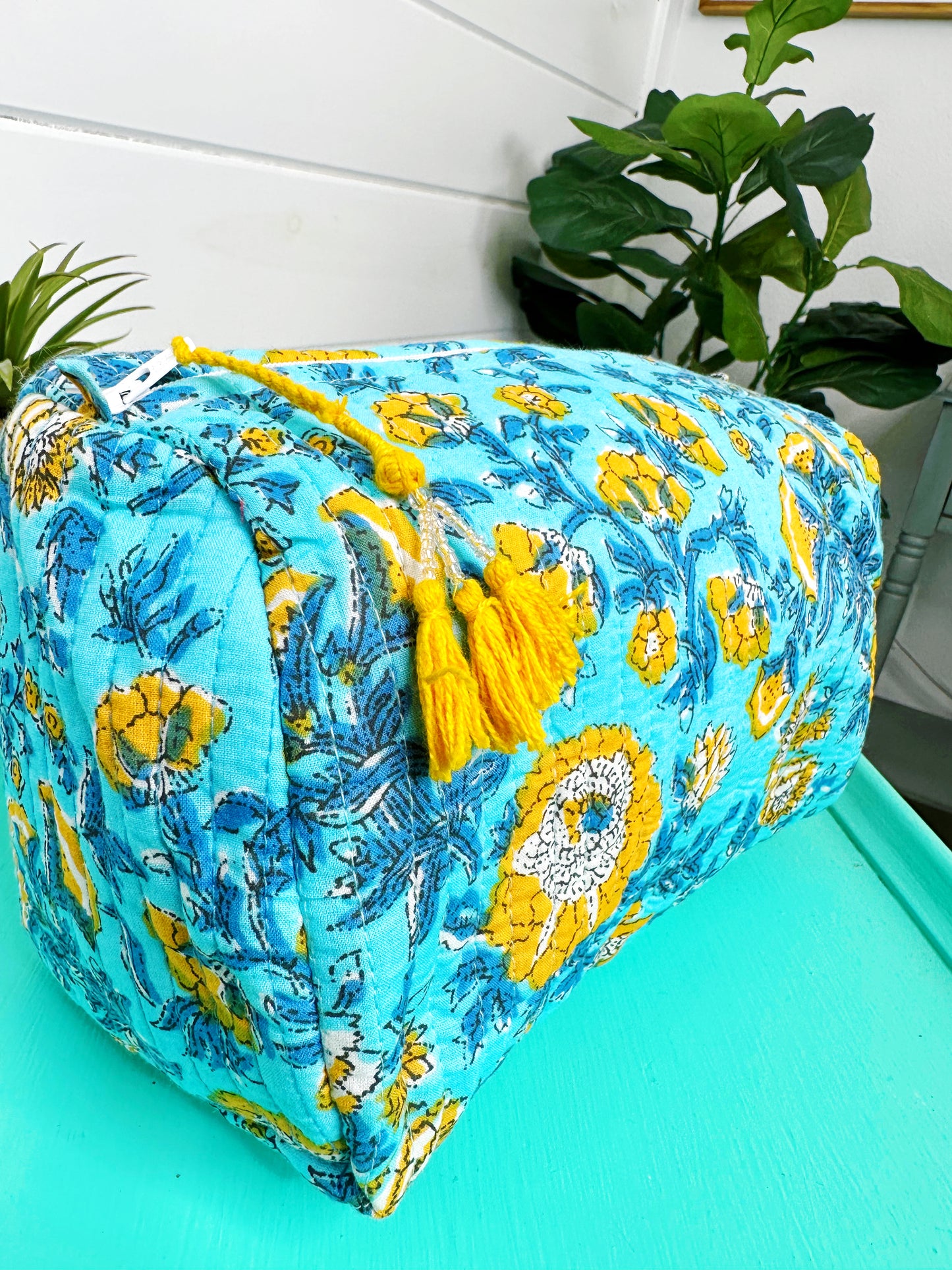 Aqua and Yellow Floral Print Quilted Makeup Cosmetics Toiletry Bag