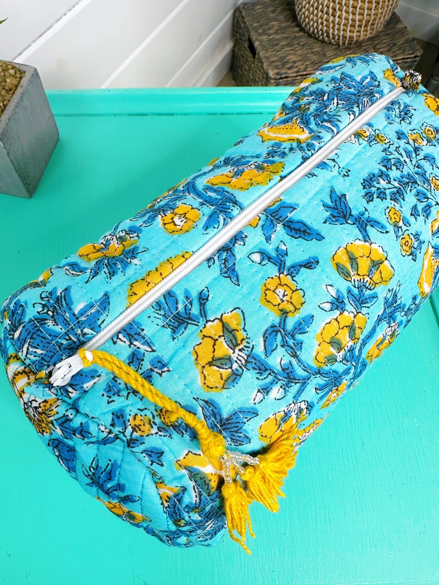 Aqua and Yellow Floral Print Quilted Makeup Cosmetics Toiletry Bag