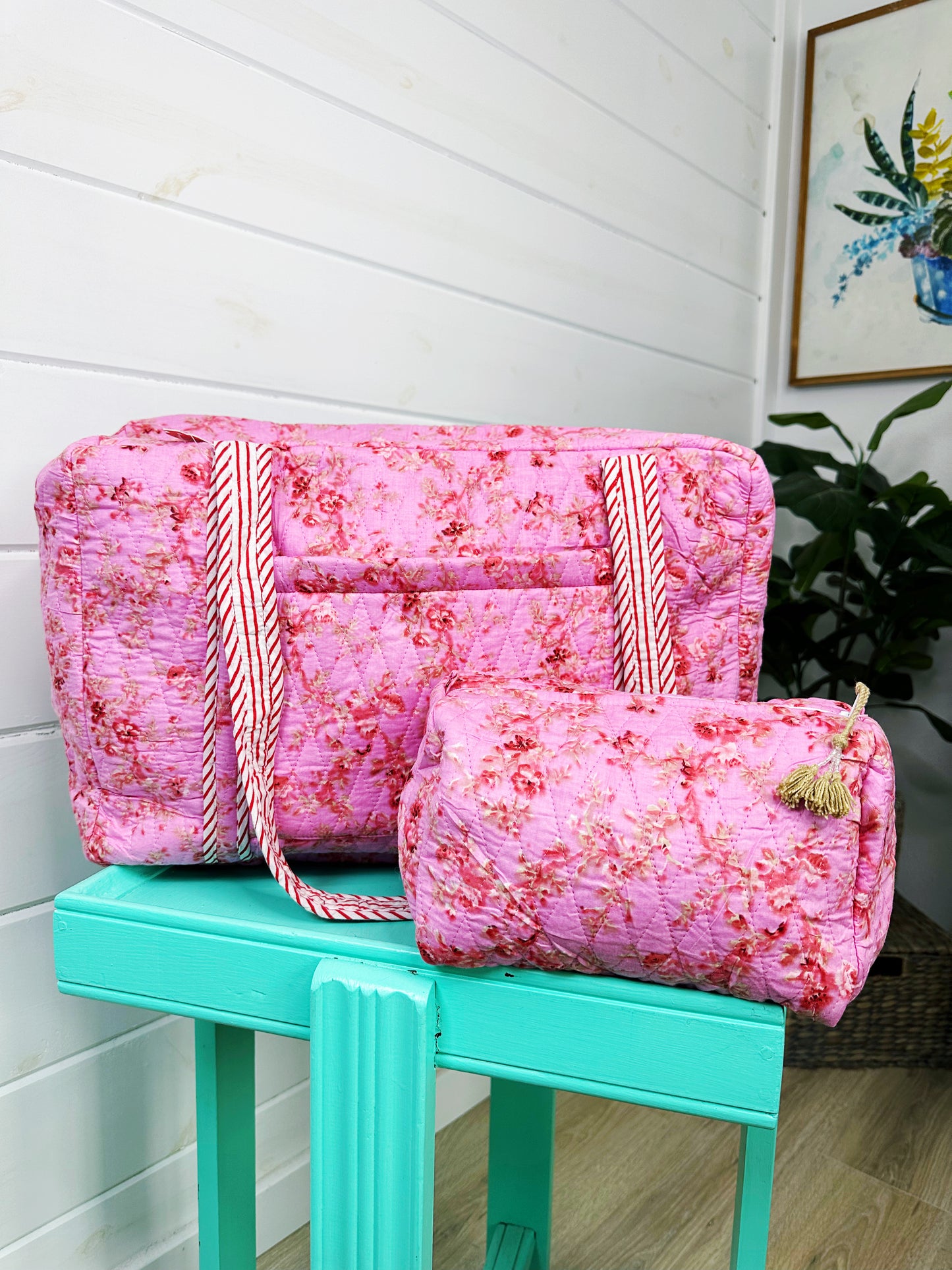 Pink Floral Print Diamond Quilted Makeup Cosmetics Toiletry Bag