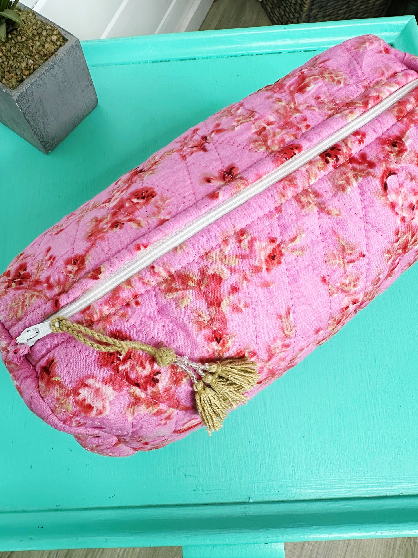 Pink Floral Print Diamond Quilted Makeup Cosmetics Toiletry Bag